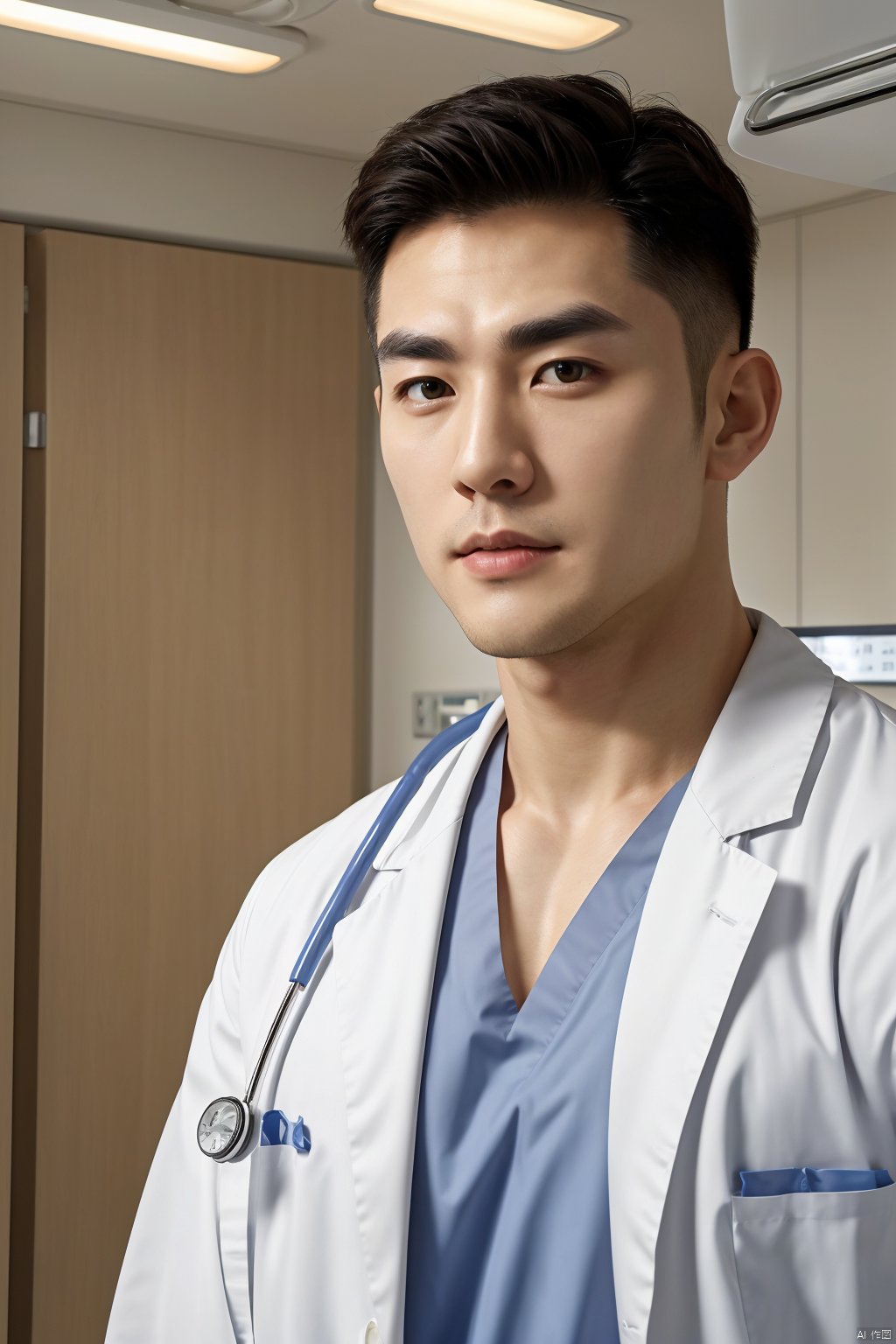 (absurdres, highres, ultra detailed, realistic, ), 1 male, solo, adult, mature, tall muscular guy, broad shoulders, handsome, very short hair, black hair, brown eyes, angular jaw, thick neck, thick eyebrows, hospital room, Doctor, white gown, white coat, upper body