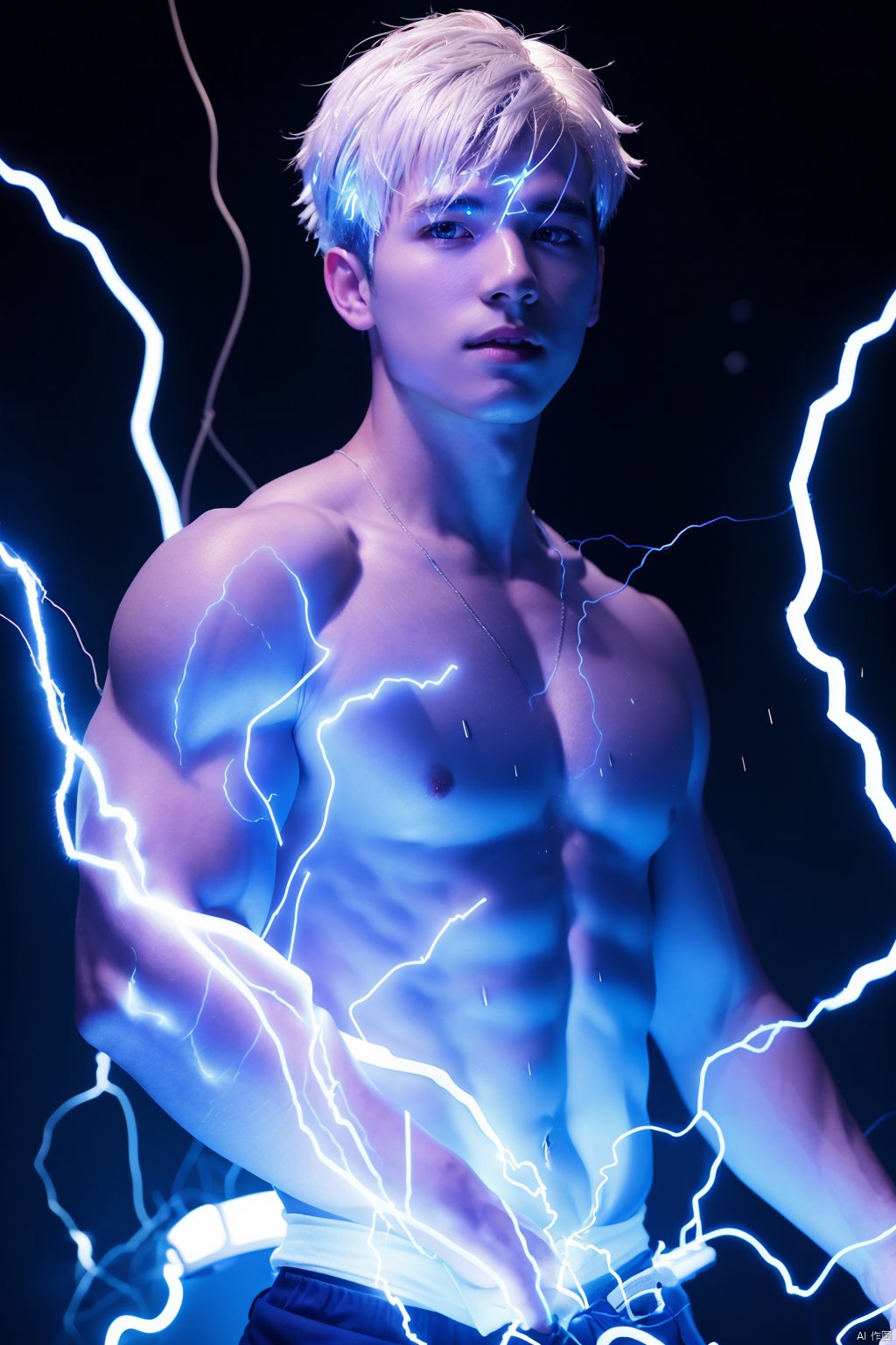 1boy,masterpiece,best quality,ultra-detailed,(blue lighting:1.2),(blue electricity:1.2),(wrapped in electricity all over the body:1.2),black_background,rain,white hair,white dress,niji,niji3,