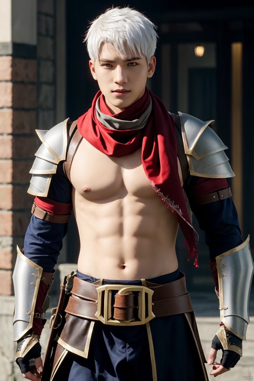 1boy,white hair,assassincross-ro,scarf,shoulder armor,pauldrons,red scarf,open shirt,gauntlets,vambraces,