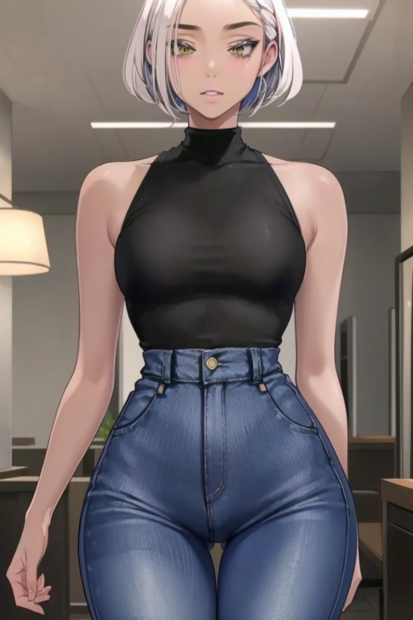 <lora:SoMi:0.8> Somidef, white hair, yellow eyes, short hair, dark-skinned female, turtleneck, black shirt, high-waist pants, blue jean, sleeveless shirtmasterpiece, best quality  