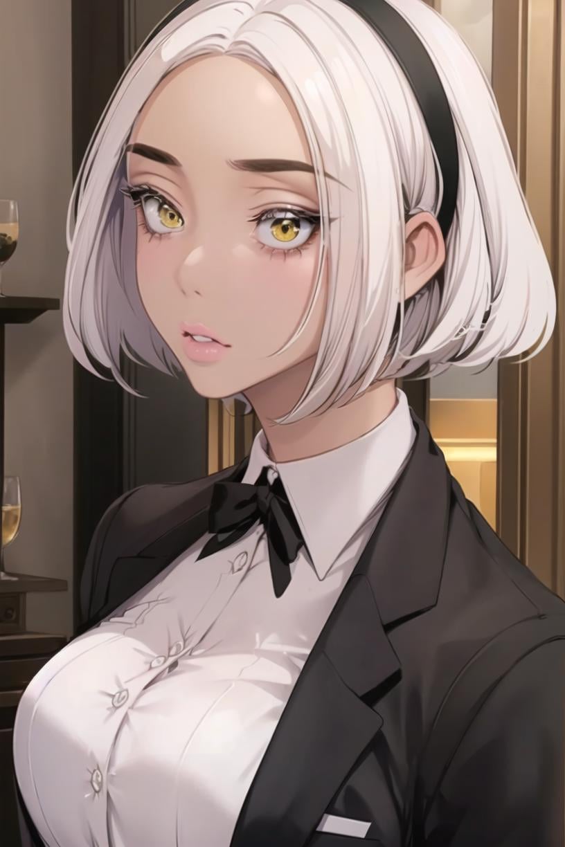 <lora:SoMi:0.8> Somidef, white hair, yellow eyes, short hair, dark-skinned femaleblack jacket, white shirt, upper body, formal, eyelashes, collared shirt, shirt, 1girl, solo, suit, parted lips, looking at viewer, lips, hairbandmasterpiece, best quality  