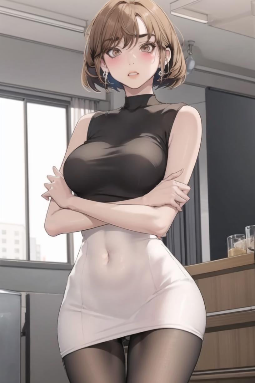 <lora:Sori_BNW:0.9> soridef, brown eyes, brown hair, short hair1girl, solo, breasts, covered navel, shirt, black shirt, skirt, pencil skirt, sleeveless shirt, sleeveless, white skirt, crossed arms, large breasts, pantyhose, facing viewer, blush, earrings, jewelrymasterpiece, best quality 