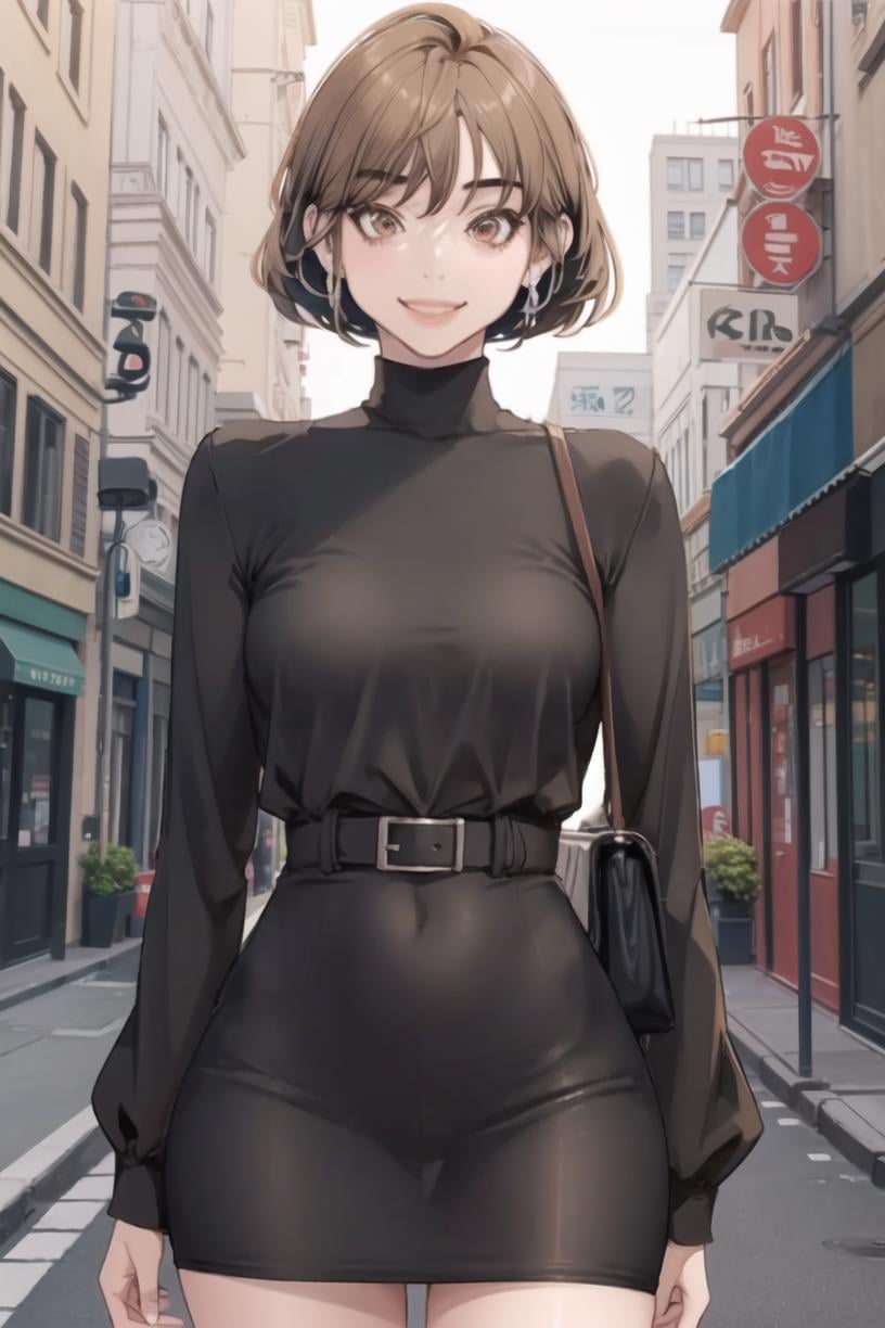 <lora:Sori_BNW:0.9> soridef, brown eyes, brown hair, short hair1girl, solo, looking at viewer, smile, black  turtleneck dress,  silver earrings, black dress, standing, masterpiece, best quality 