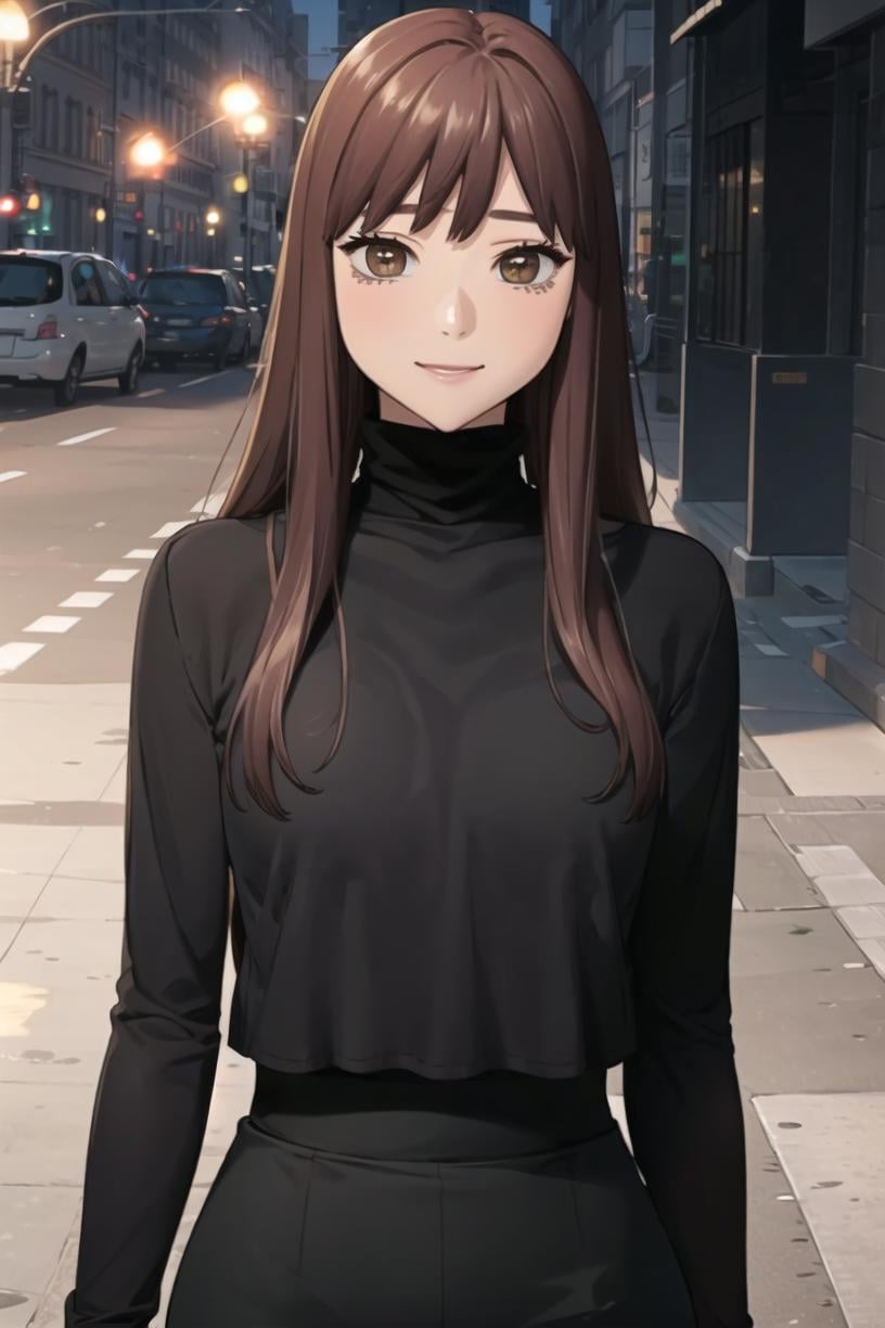 <lora:Mia_SW:0.8> miadef, brown eyes, brown hair, long hair,1girl, solo, looking at viewer, smile,  black turtleneck shirt,  black skirt, standing, upper body, masterpiece, best quality   