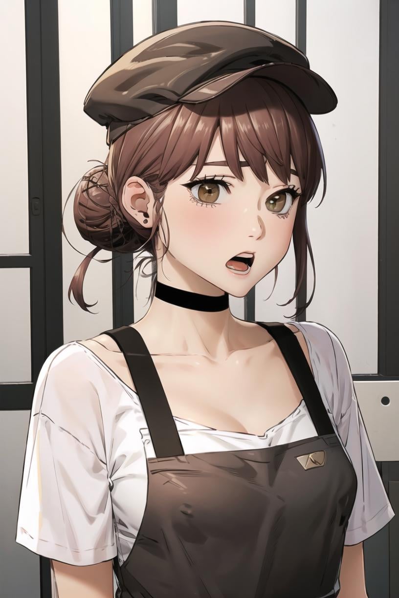 <lora:Mia_SW:0.9> miadef, brown eyes, brown hair, upper teeth only, teeth, sidelocks, apron, open mouth, shirt, solo, white shirt, hat, choker, hair bun, short hair, single hair bun, bangs, breasts, brown headwear, blush, indoors, collarbone, black choker, cleavage, 1girlmasterpiece, best quality 