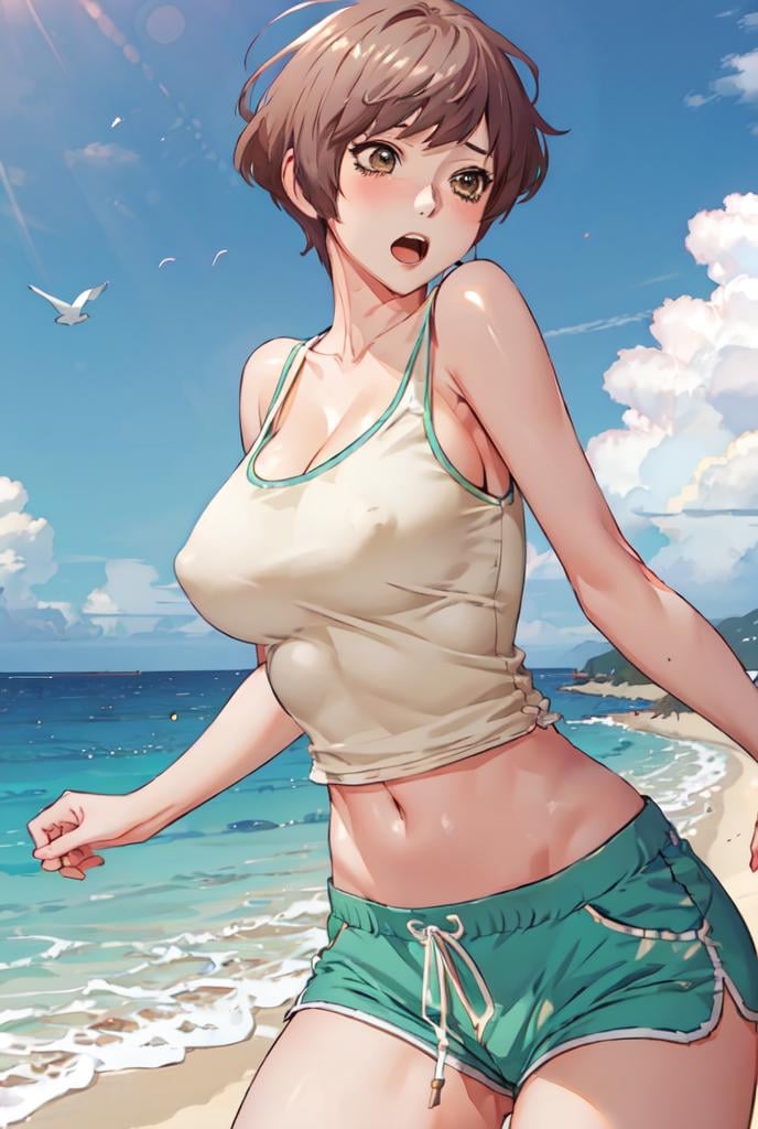 <lora:Lina_SW:0.8> Linadef, short hair, brown eyeswhite tank top, 1girl, midriff, large breasts, short shorts, solo, open mouth, cleavage, breasts, holding, navel,  blush, shorts, looking at viewer, covered nipples, green dolphin shortsmasterpiece, best quality, 