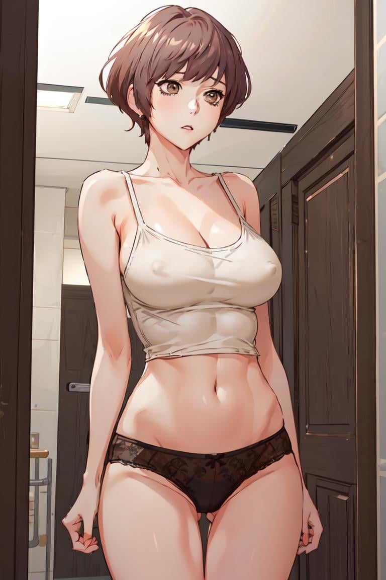 <lora:Lina_SW:0.8> Linadef, short hair, brown eyestank top, thighs, 1girl, huge breasts, strap slip, camisole, large breasts, underwear, solo, see-through, bare shoulders, breasts, collarbone, navel, arms under breasts, panties, black panties, white tank top, covered nipplesmasterpiece, best quality, 