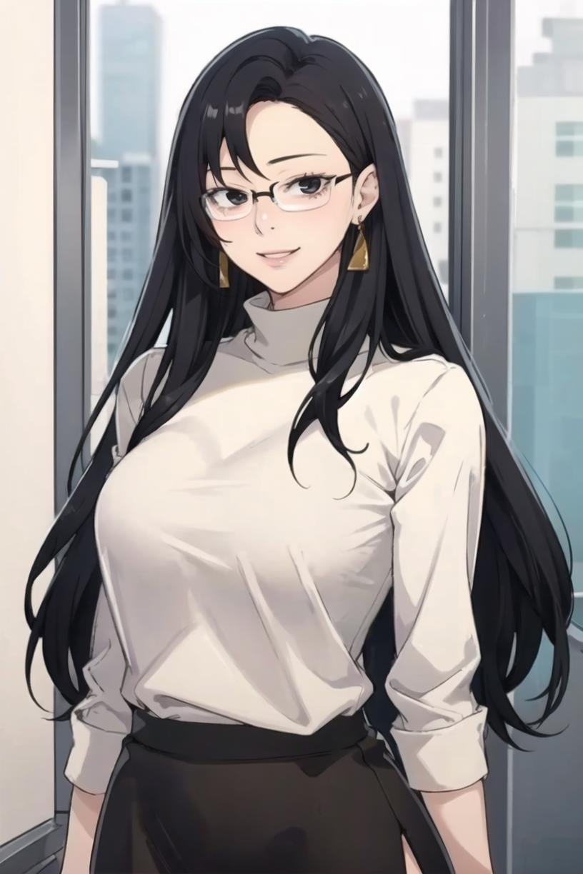 <lora:SeolHee_SC:0.7> seoldef, black hair, black eyes, long hair, glasses, 1girl, solo, looking at viewer, smile, white turtleneck shirt, gold earrings, black skirt, standing, upper body, masterpiece, best quality 