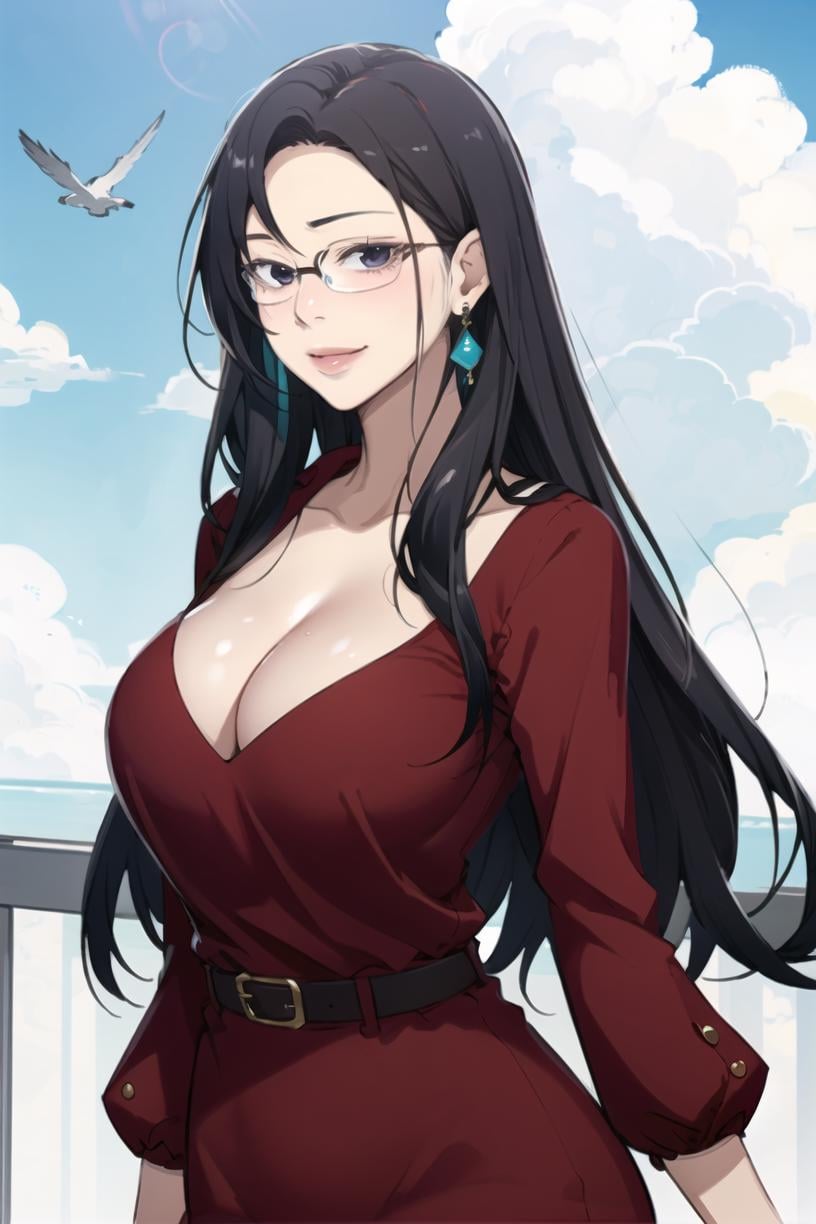 <lora:SeolHee_SC:0.7>Seoldef, black hair, black eyes, long hair,blue sky, belt, earrings, day, solo, smile, glasses, sky, large breasts, dress, breasts, lips, cleavage, jewelry, 1girl, cloud, looking at viewermasterpiece, best quality