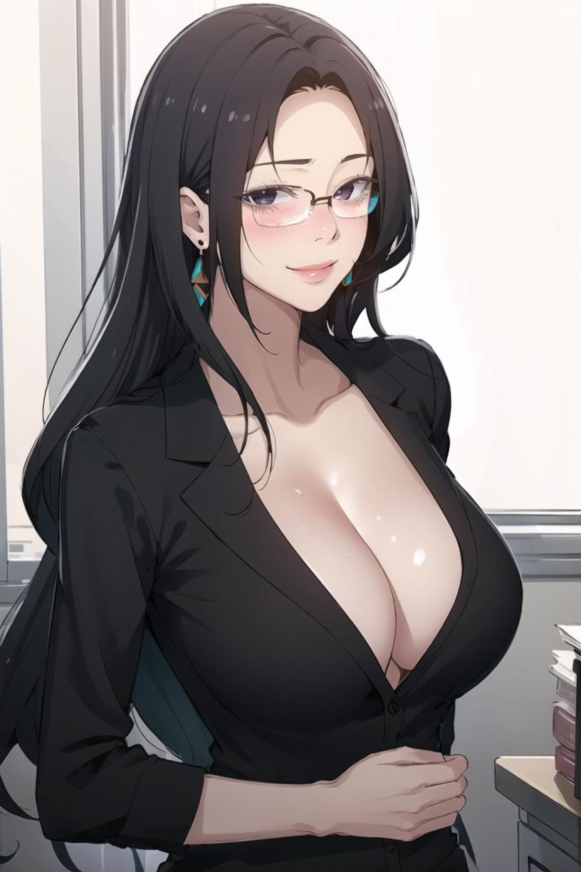 <lora:SeolHee_SC:0.7>Seoldef, black hair, black eyes, long hair,suit, black shirt, earrings, office lady, solo, smile, glasses, large breasts, breasts, lips, upper body, cleavage, formal, jewelry, blush, 1girl, looking at viewermasterpiece, best quality