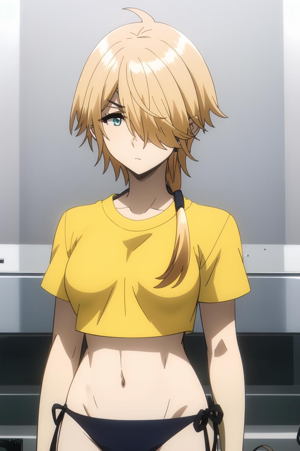 <lora:Kai_KNJ:0.8>kaidef, green eyes, blonde hair, short hair with long locks, hair over one eye, upper body, portrait, t-shirt, navel, no pants, bikini, bikini bottom only, side-tie bikini bottom, short sleeves, yellow shirt, crop top, arms at sides, masterpiece, best quality,