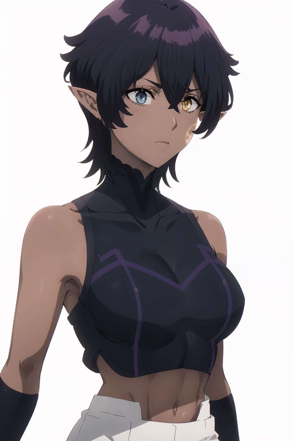 <lora:Omega_KNJ:0.9>, Omegadef, short hair, purple hair, heterochromia, blue eyes, yellow eyes, pointy ears, facial mark, solo, dark-skinned female,crop top, sleeveless, turtleneck, white pants,portrait, upper body,