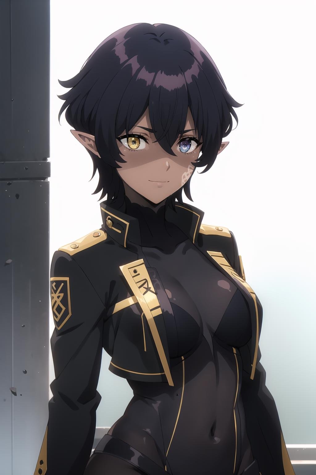 <lora:Omega_KNJ:0.8>, Omegadef, short hair, purple hair, heterochromia, blue eyes, yellow eyes, pointy ears, facial mark, solo, dark-skinned female, medium breasts, black gloves, black pants, black jacket, black bodysuit, open jacket, standing, upper body, looking at viewer, arms at sides, smile, portrait,