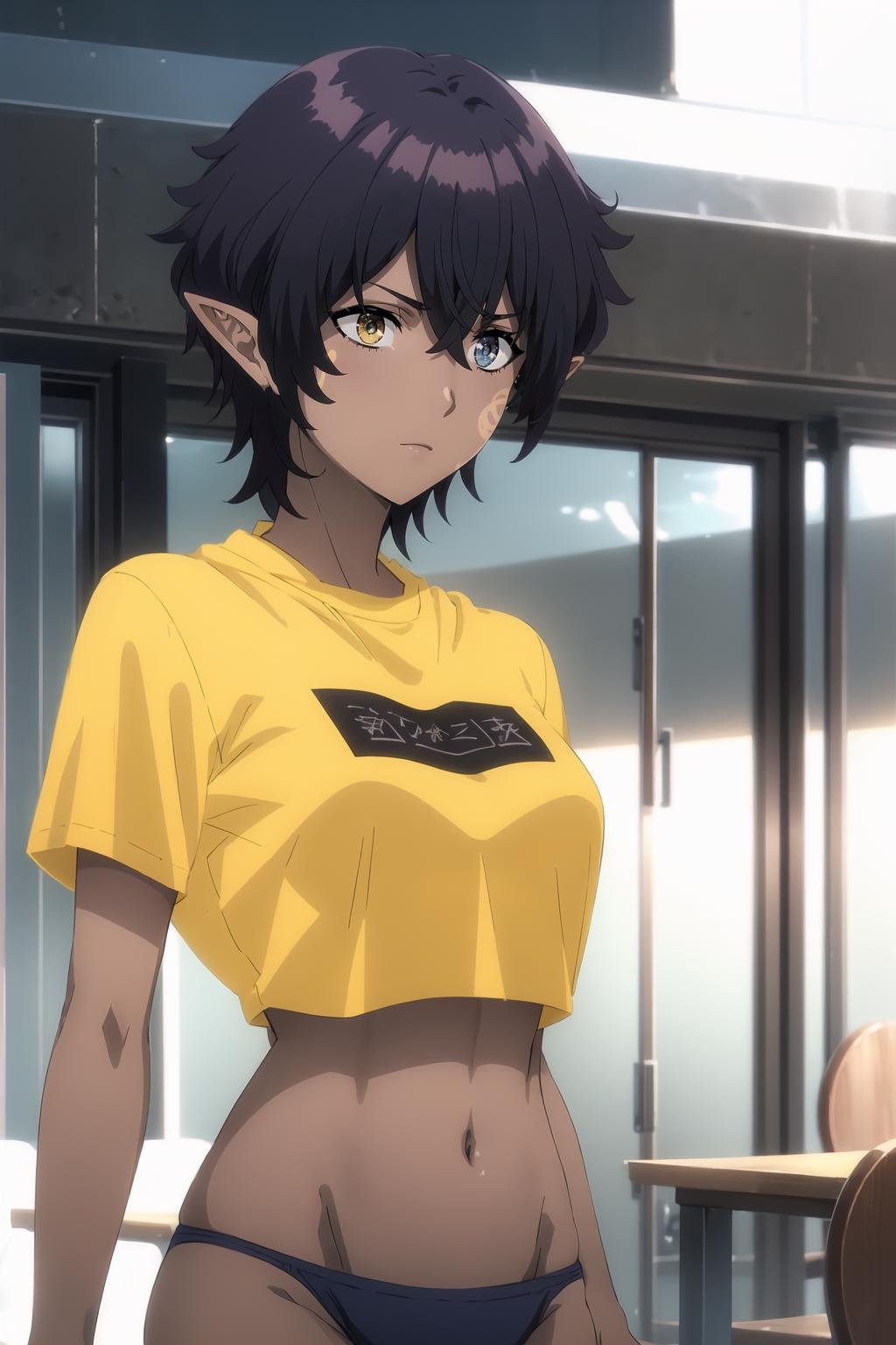 <lora:Omega_KNJ:0.9>, Omegadef, short hair, purple hair, heterochromia, blue eyes, yellow eyes, pointy ears, facial mark, solo, dark-skinned female, yellow shirt, no pants, black bikini, t-shirt, short sleeves, crop top, portrait, upper body, looking at viewer,