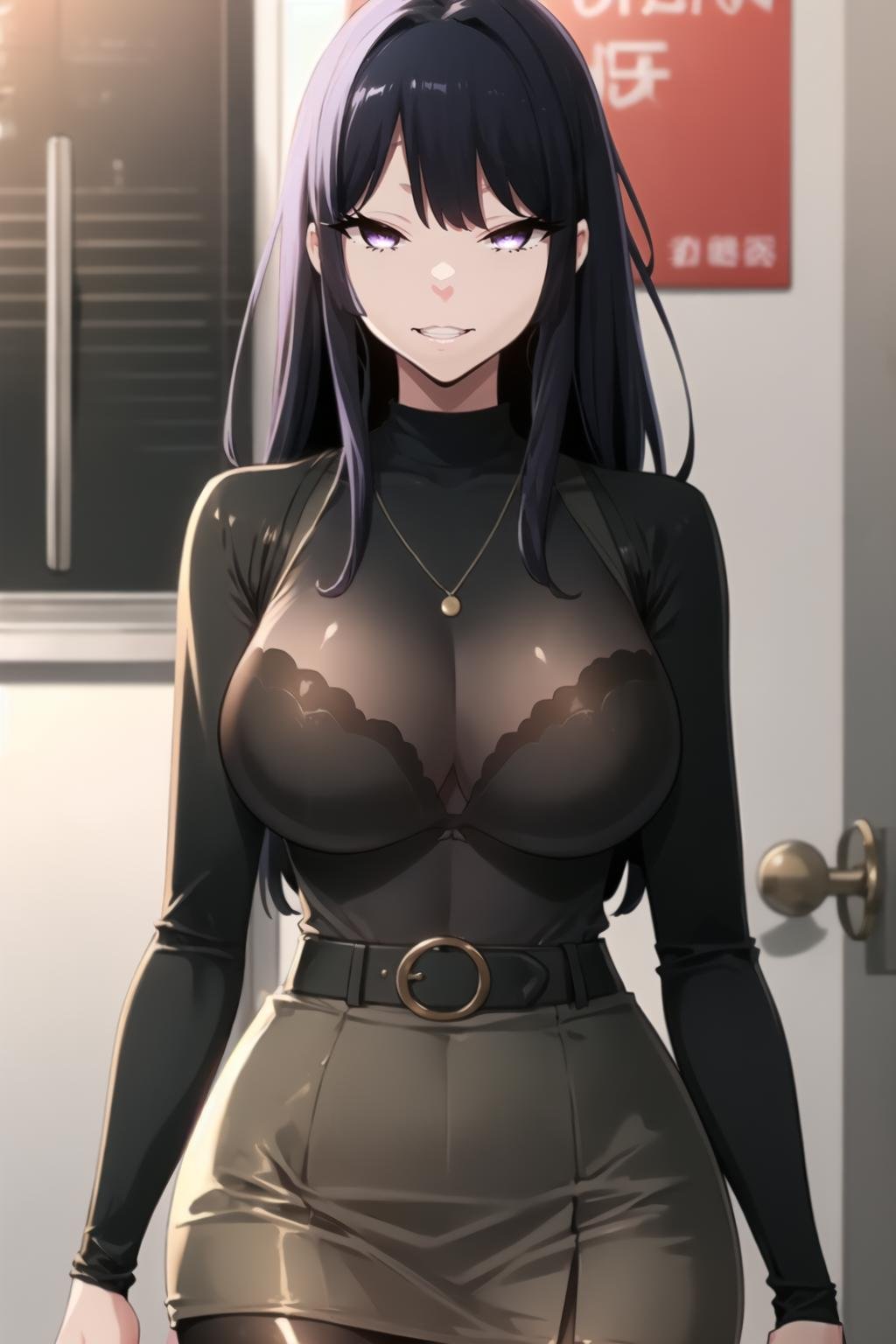 <lora:EunJung_SSG:1> eunleedef, purple hair, purple eyes, long hair, looking at viewer, standing, upper body, large breasts, long sleeves, jewelry, underwear, pantyhose, parted lips, belt, black skirt, necklace, bra, see-through, black pantyhose, turtleneck, black bra, pencil skirt, high-waist skirt, brown pantyhose, shirt tucked in, bra visible through clothes, bralines, closed mouth, smile, teeth, eyebrows, masterpiece, best quality,