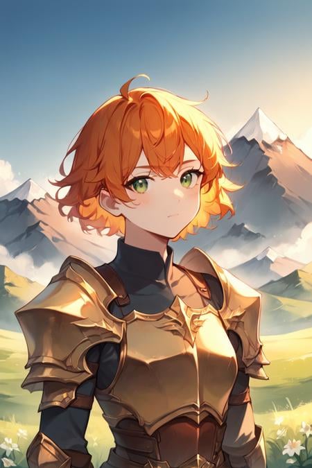 score_9, score_8_up, score_7_up, score_6_up, score_5_up, score_4_up, rating_safe, 1girl, outdoors, armor, solo, green eyes, mountain, orange hair, looking at viewer, shoulder armor, short hair, breastplate, upper body, day, sky, closed mouth, flower, blush, pauldrons, mountainous horizon, bangs, blue sky, grass <lora:Anime Style LoRA XL:1>