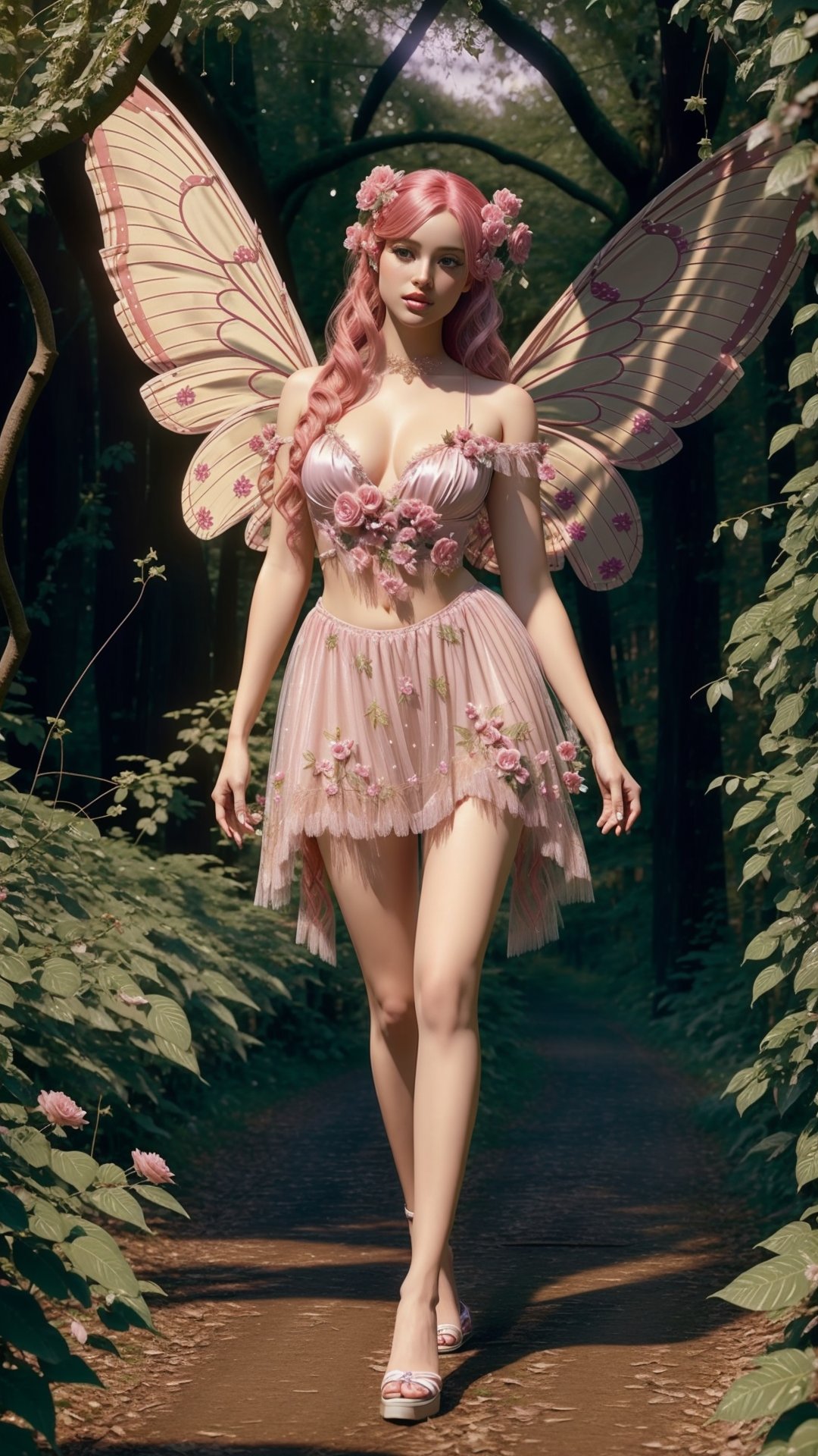 1girl, full body, masterpiece, best quality, highly detailed, large breasts, sexy pose, photorealistic, dress, pink hair, long hair, flower, vines, wings, glittering, skirt, forest, butterfly, dramatic lighting, magical, fantasy