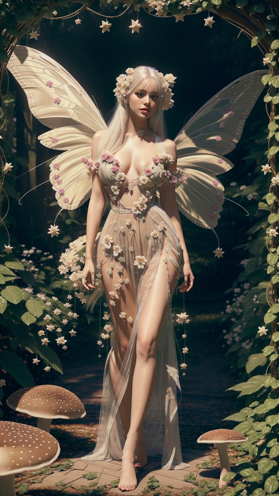 1girl, full body, masterpiece, best quality, highly detailed, large breasts, photorealistic, dress, white hair, long hair, flower, vines, wings, glittering, mushroom, butterfly, dramatic lighting, magical, fantasy