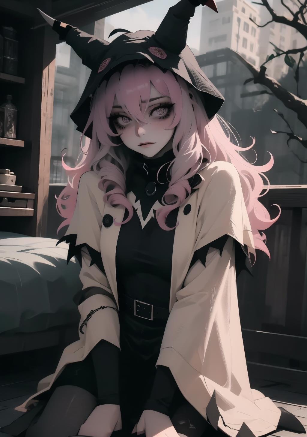 yukimuro, mimikyu_cosplay, 1girl, pink hair, hair between eyes, black eyes, long sleeves, poncho, dress, horns, pantyhose, black pantyhose, personification, looking at viewer, <lora:mimikyu_cosplay-03:1>, <lora:Yukimuro-02:1>