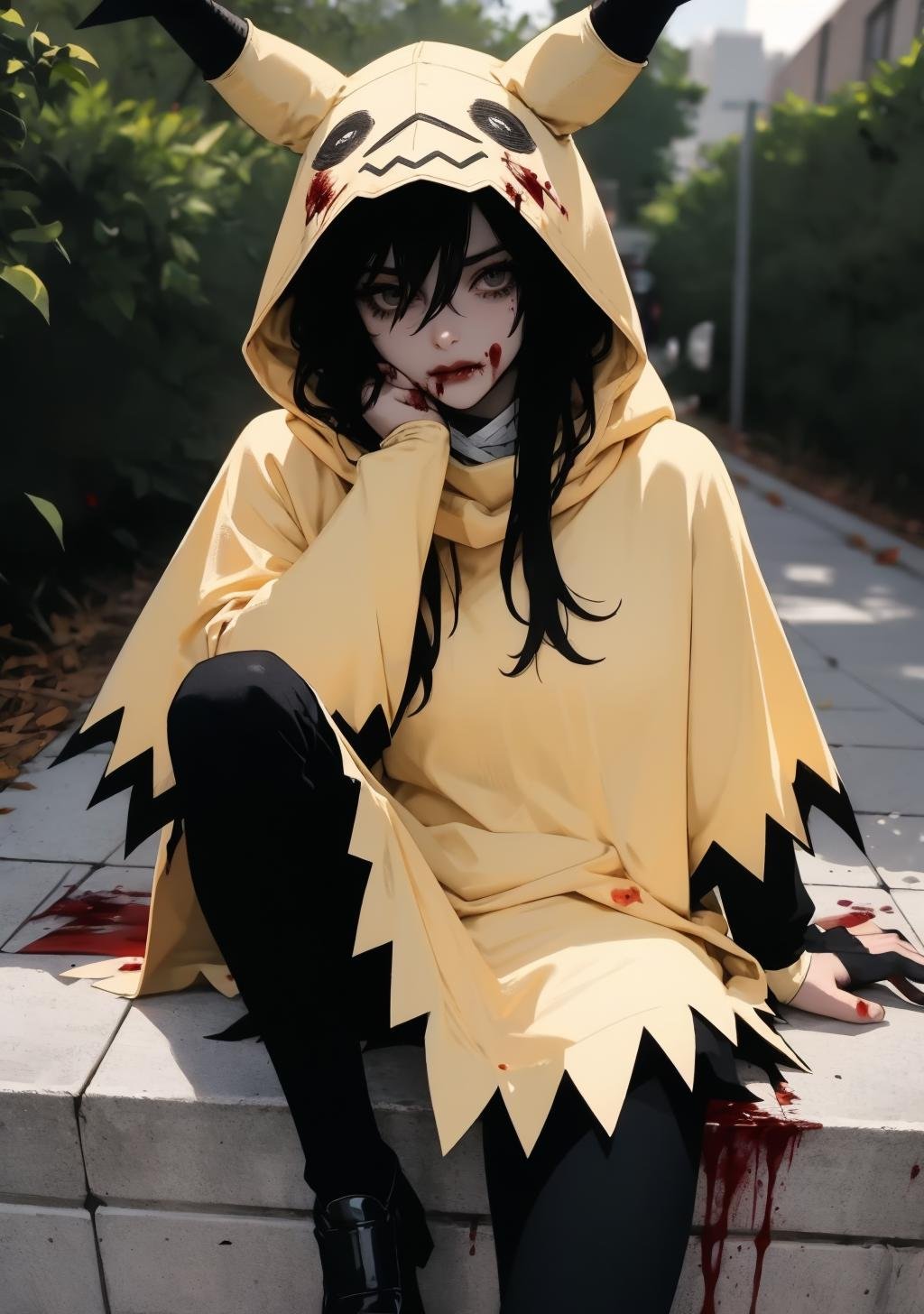 mimikyu_cosplay, 1girl, black hair, hair between eyes, black eyes, long sleeves, poncho, horns, pantyhose, black pants, standing, blood, bandages, bandaid, bandaged leg, bandaid on leg, looking at viewer, <lora:mimikyu_cosplay-03:1>