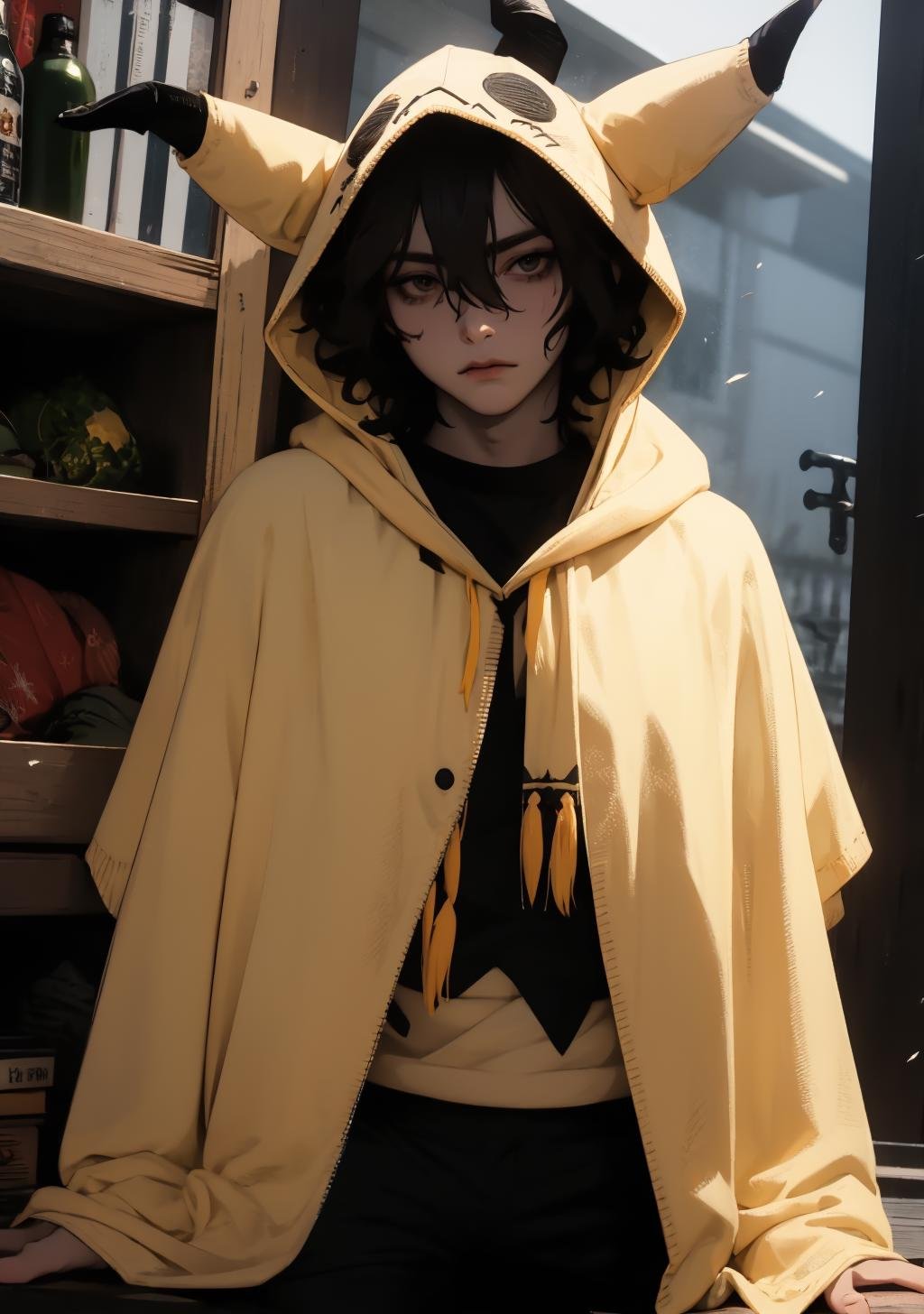 mimikyu_cosplay, 1boy, male focus, brown hair, wavy hair, short hair, hair between eyes, black eyes, long sleeves, poncho, horns, pants, black pants, personification, looking at viewer, <lora:mimikyu_cosplay-03:1>