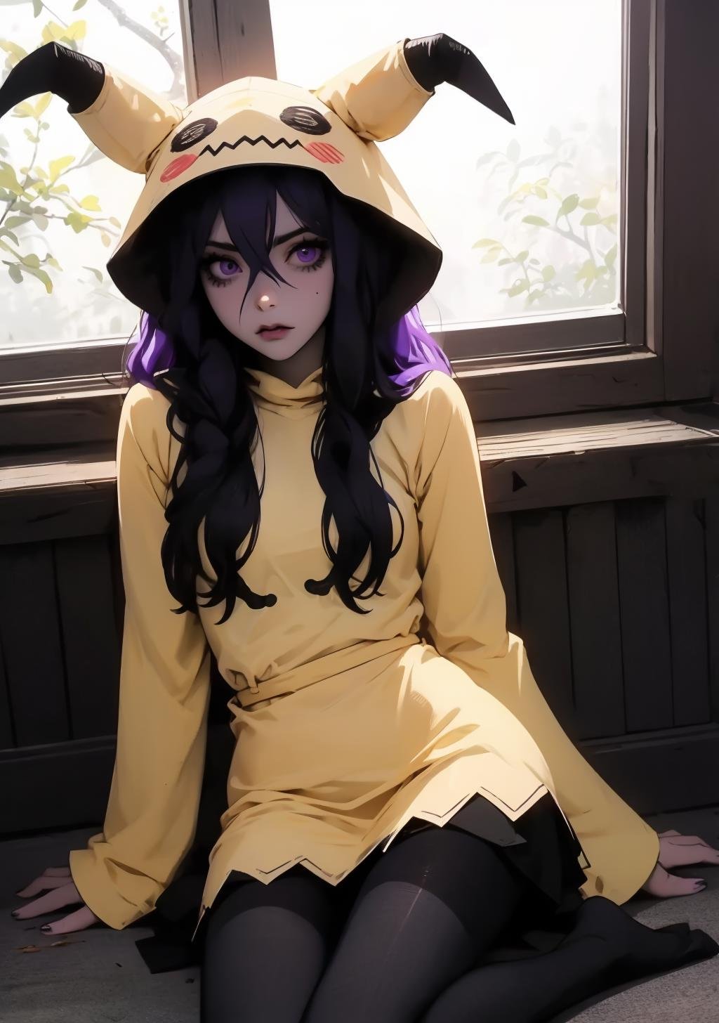 mimikyu_cosplay, 1girl, long hair, hair between eyes, purple hair, purple eyes, dress, long sleeves, pantyhose, horns, black pantyhose, personification, looking at viewer, <lora:mimikyu_cosplay-03:1>