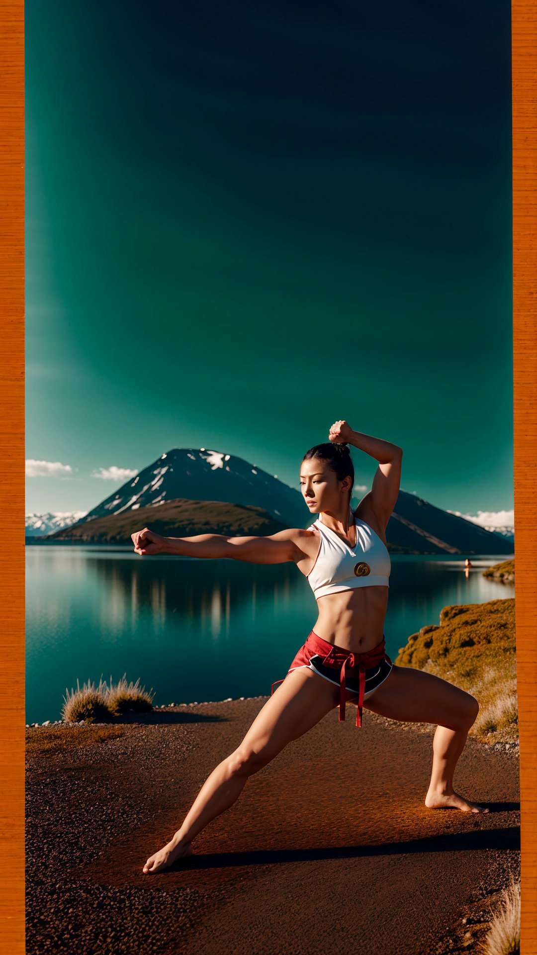 A dedicated kung fu master,a striking Nordic woman, engages in rigorous training, surrounded by serene landscapes that reflect the essence of ancient martial arts, skilled practitioner, embodies strength and elegance in her movements. Her disciplined practice aims to attain profound martial wisdom and mastery,The scene captures the fusion of martial arts, y2k