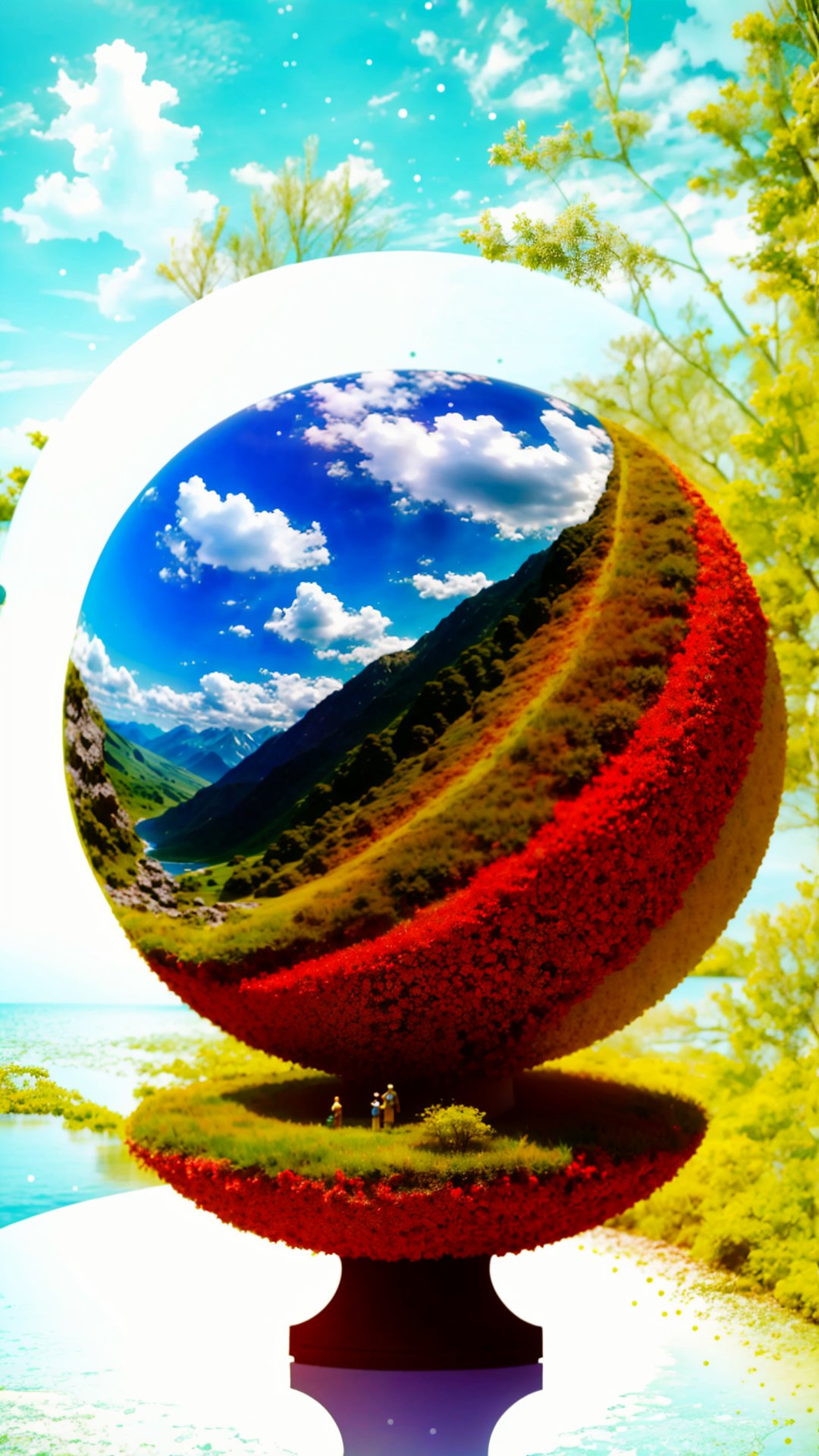 (best quality), (4k resolution), creative illustration of a miniature world on a white pedestal. The world is a green sphere with various natural and artificial elements. There is a river, trees, mountains, and a small house on the sphere. The image has a minimalist style with a light color palette that creates a contrast with the white background. The image gives a sense of wonder and curiosity about the tiny world and its inhabitants.,ff14bg,High detailed