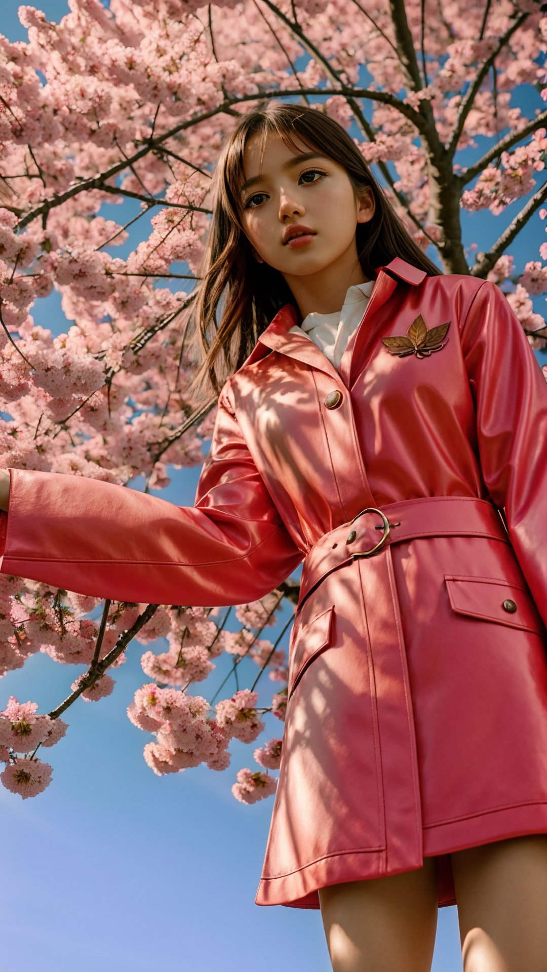 full body, little girl, angle, messy hair, golden eyes, Best quality, high-res, spring, sakura tree, sunrays, color full, pink, flowers, sakura leaf, atmospheric perspective, anamorphic, photographic, octane render, high details, luminescent, full color, photorealistic, 4k, ultra detailed,dynamic angle, high-detailed,photorealistic