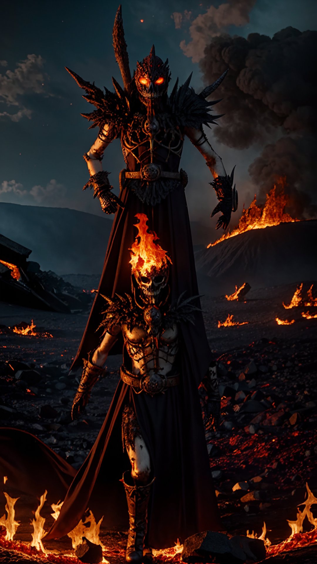 Generate hyper realistic image of a macabre scene of an undead pyromancer, wreathed in flames, casting dark fire spells amidst the skeletal remains of fallen foes. The background features a foreboding, lava-filled abyss, adding to the sinister ambiance of the Dark Souls universe. highly detailed, sharp focus.8k,photography style