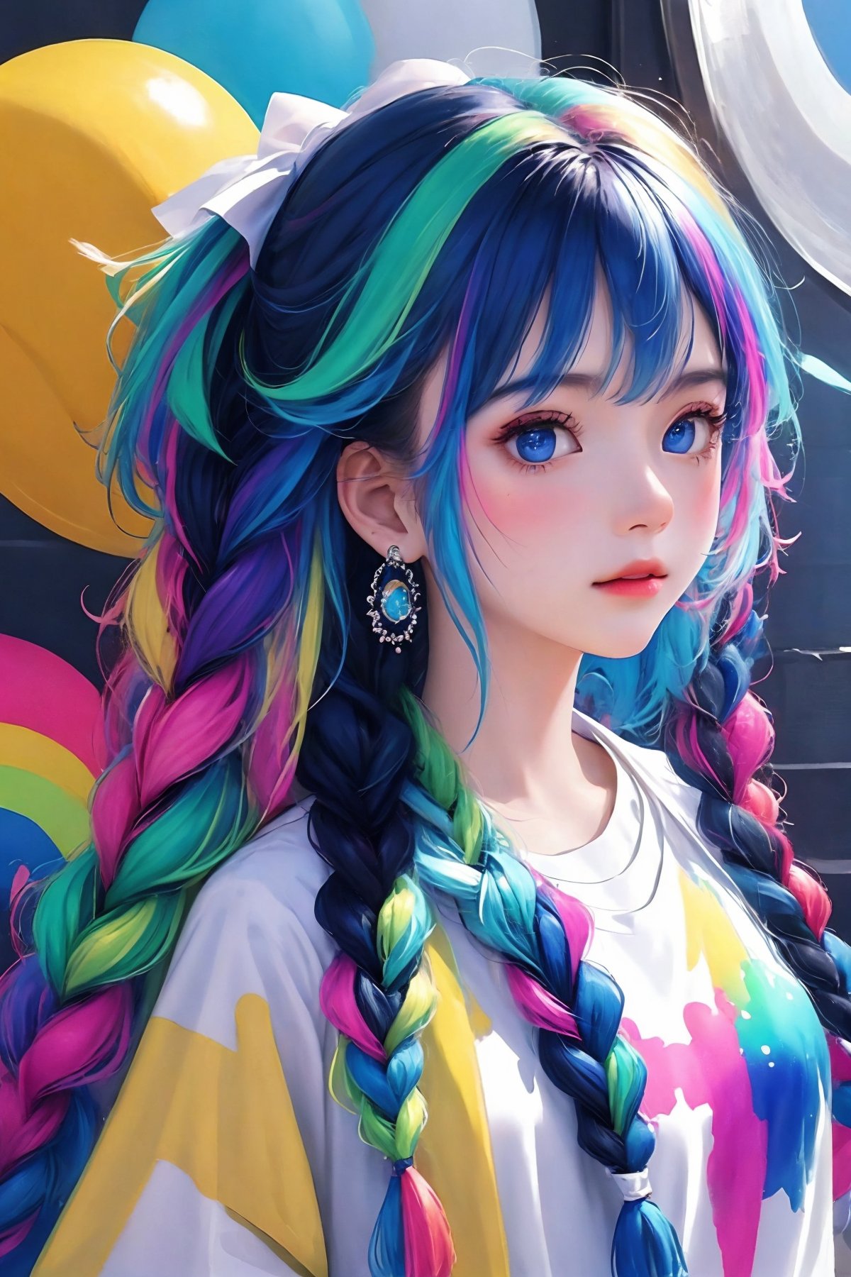 (best quality),(masterpiece),1girl,jewelry,solo,earrings,necklace,multicolored hair,twin braids,blue eyes,braid,gradient hair,looking at viewer,blue hair,shirt,bangs,<lora:rainbowGirl-000016:0.8>,