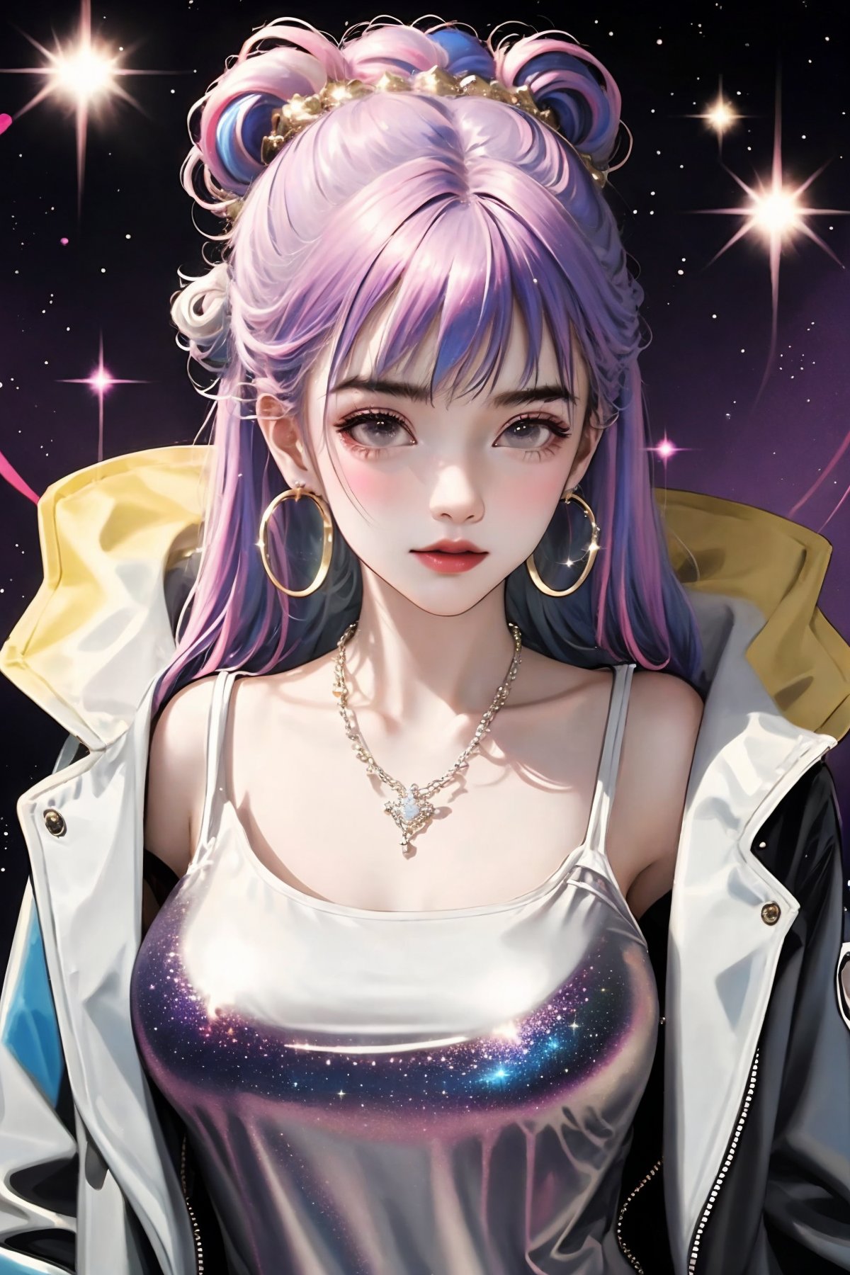 (best quality),(masterpiece),1girl, jewelry, solo, earrings, multicolored hair, blue hair, necklace, hoop earrings, jacket, long hair, looking at viewer, upper body, breasts, simple background, sparkle, camisole, collarbone, two-tone hair, grey eyes, hair bun<lora:rainbowGirl-000016:0.8>,