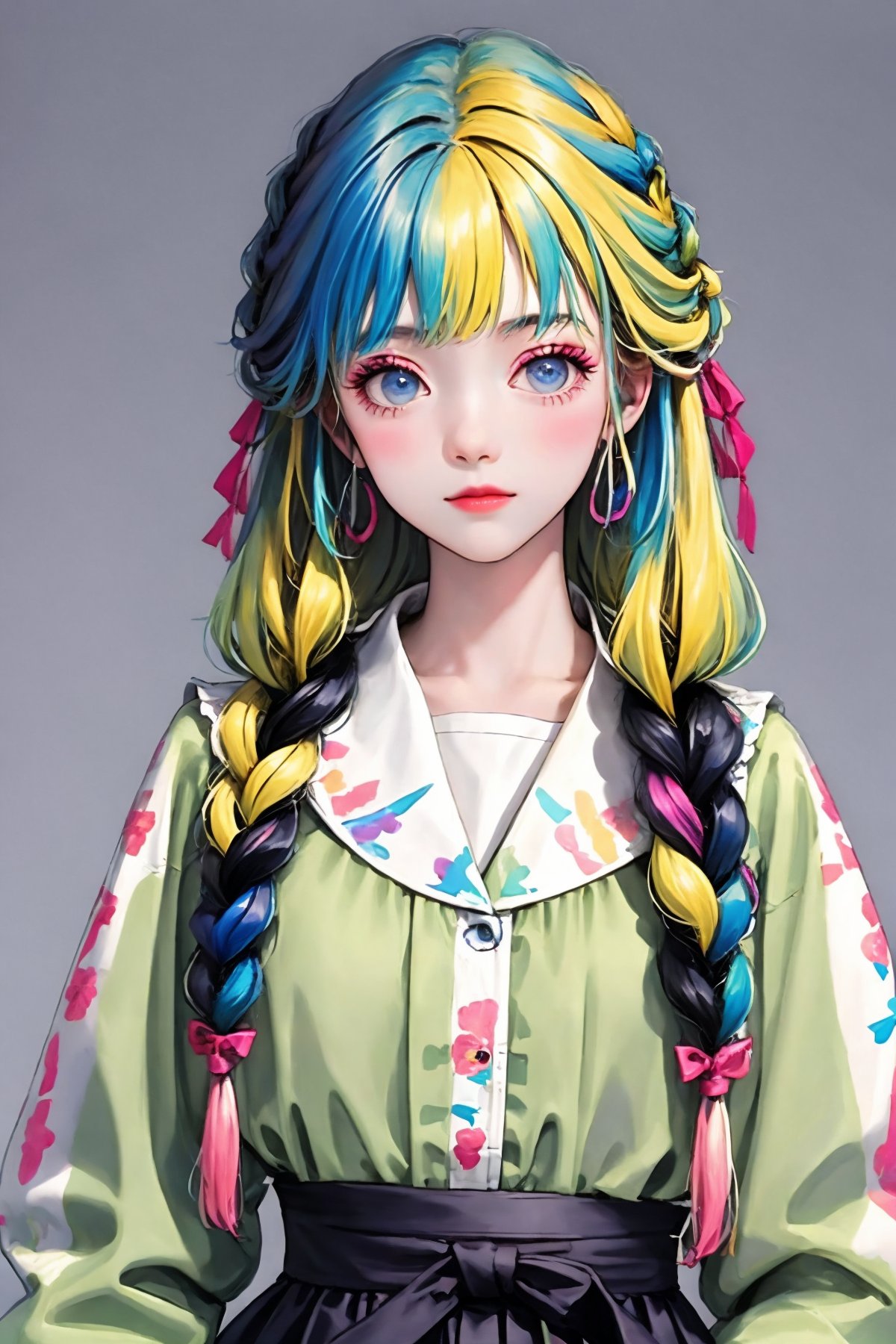 (best quality),(masterpiece),1girl, solo, braid, jewelry, multicolored hair, looking at viewer, earrings, twin braids, long hair, blue hair, upper body, simple background, blue eyes, streaked hair, blonde hair, bangs, necklace, hair over shoulder, hair ornament, skirt, closed mouth, grey background, lips, multiple braids, shirt, makeup<lora:rainbowGirl-000016:0.8>,