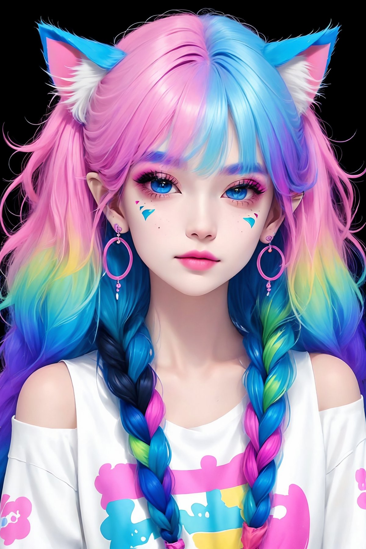 (best quality),(masterpiece),1girl,jewelry,solo,earrings,necklace,animal ears,multicolored hair,twin braids,cat ears,blue eyes,braid,gradient hair,looking at viewer,blue hair,shirt,bangs,black background,long hair,pointy ears,pink hair,animal ear fluff,facial mark,makeup,simple background,purple hair,lips,upper body,print shirt,artist name,eyelashes,freckles,bare shoulders,thick eyebrows,white shirt,mascara,pink shirt,closed mouth,hair over shoulder,off-shoulder shirt,<lora:rainbowGirl-000016:0.8>,