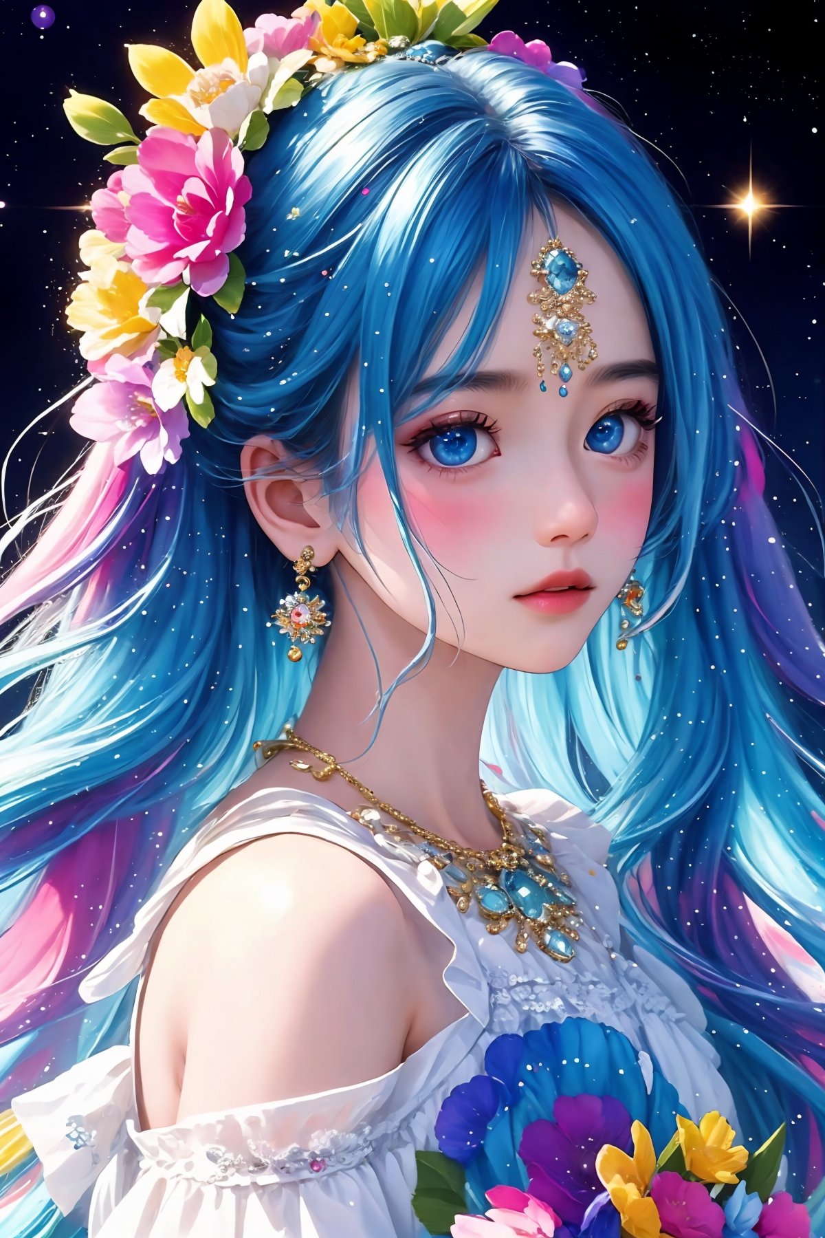 (best quality),(masterpiece),1girl,jewelry,multicolored hair,gradient hair,blue eyes,gem eye,solo,blue hair,long hair,earrings,hair ornament,upper body,flower,looking at viewer,hair flower,parted bangs,<lora:rainbowGirl-000016:0.8>,