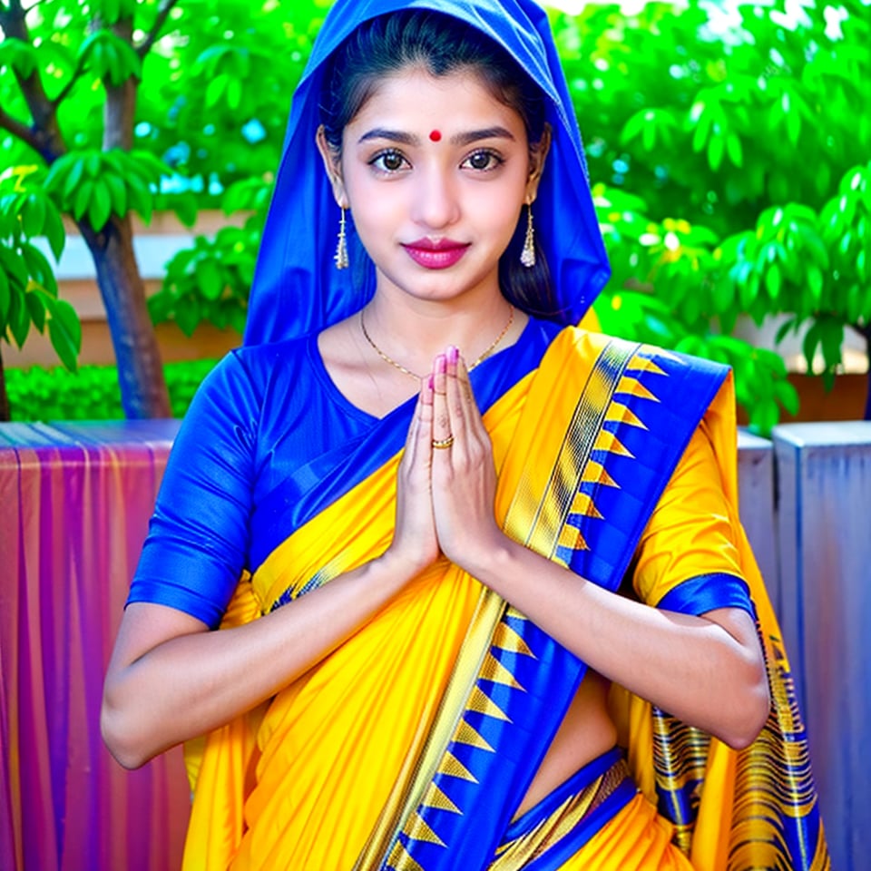 a 21 years old, Indian girl, in front of camera, posing ((own hand together)), (namaste), outdoor, wearing blue saree, makeup with lipstick, Indian hood, hood, cute girl, front facing, low angle camera,