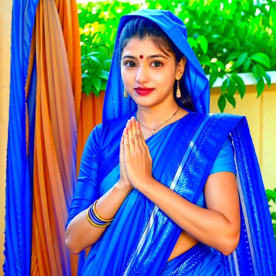 a 21 years old, Indian girl, in front of camera, posing ((own hand together)), (namaste), outdoor, wearing blue saree, makeup with lipstick, Indian hood, hood, cute girl, front facing, low angle camera,