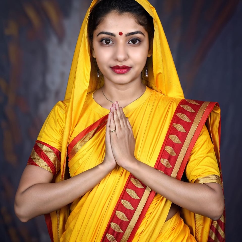 a 21 years old Indian girl, in front of camera, posing own hand together, namaste,  wearing yellow saree, makeup with lipstick, Indian hood, hood, cute girl, front facing,