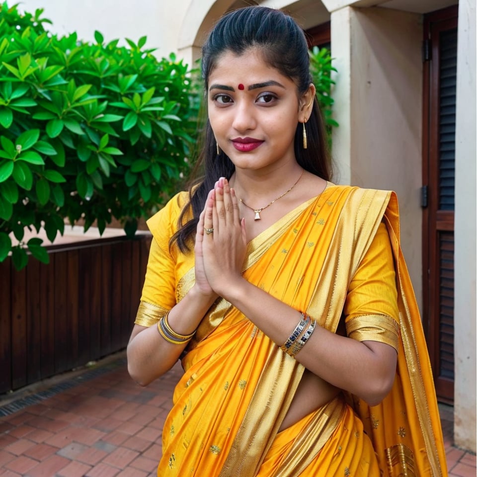 a 21 years old Indian girl, in front of camera, posing (own hand together), namaste, outdoor, wearing yellow saree, makeup with lipstick, Indian hood, hood, cute girl, front facing, low angle camera,