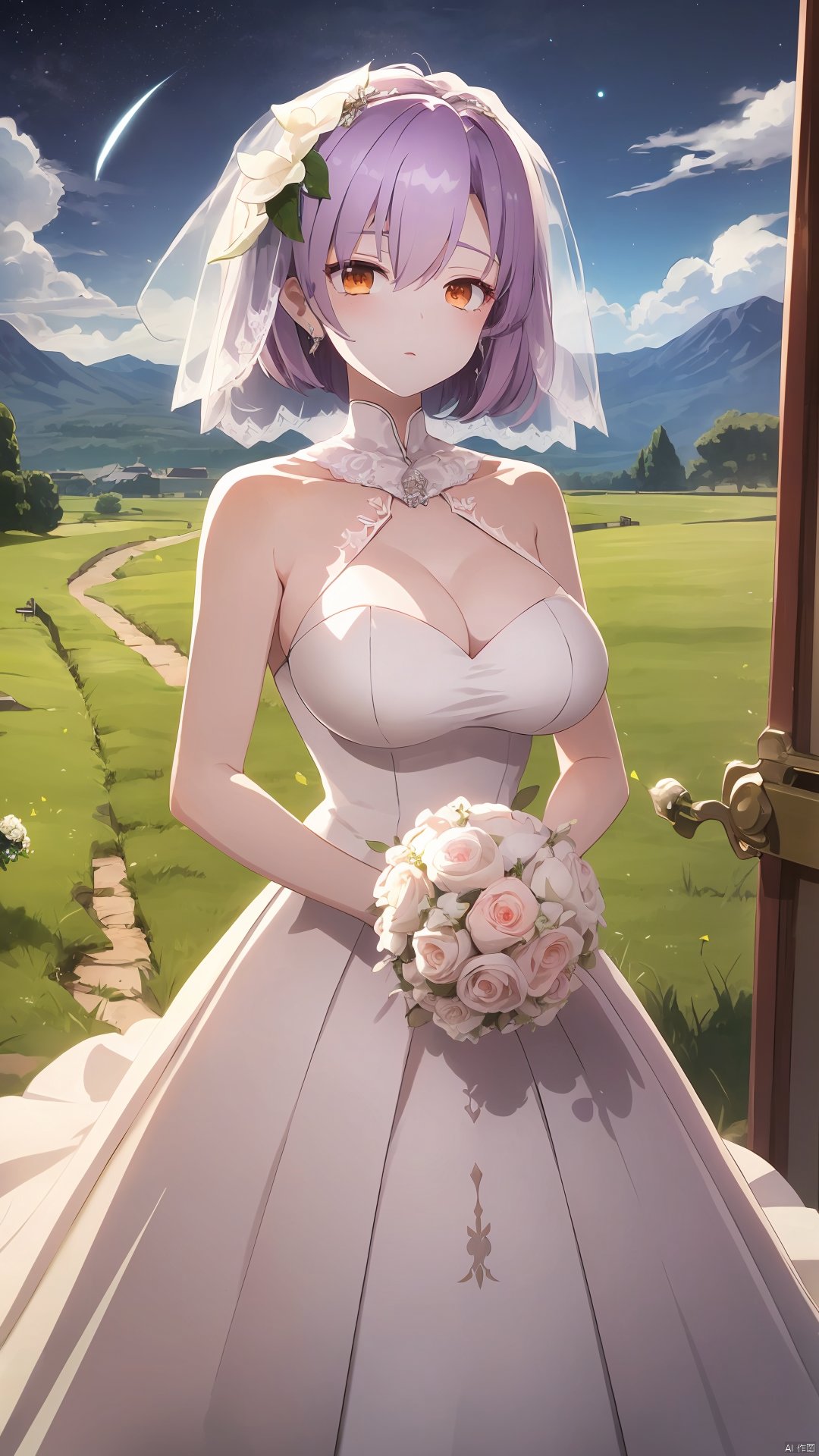 xi_yao_wu, 1girl, solo, purple hair, short hair, bangs, orange eyes, large breasts, (wedding_dress:1.5), 

days, cloudy, stars, in a meadow, the top of the hill,