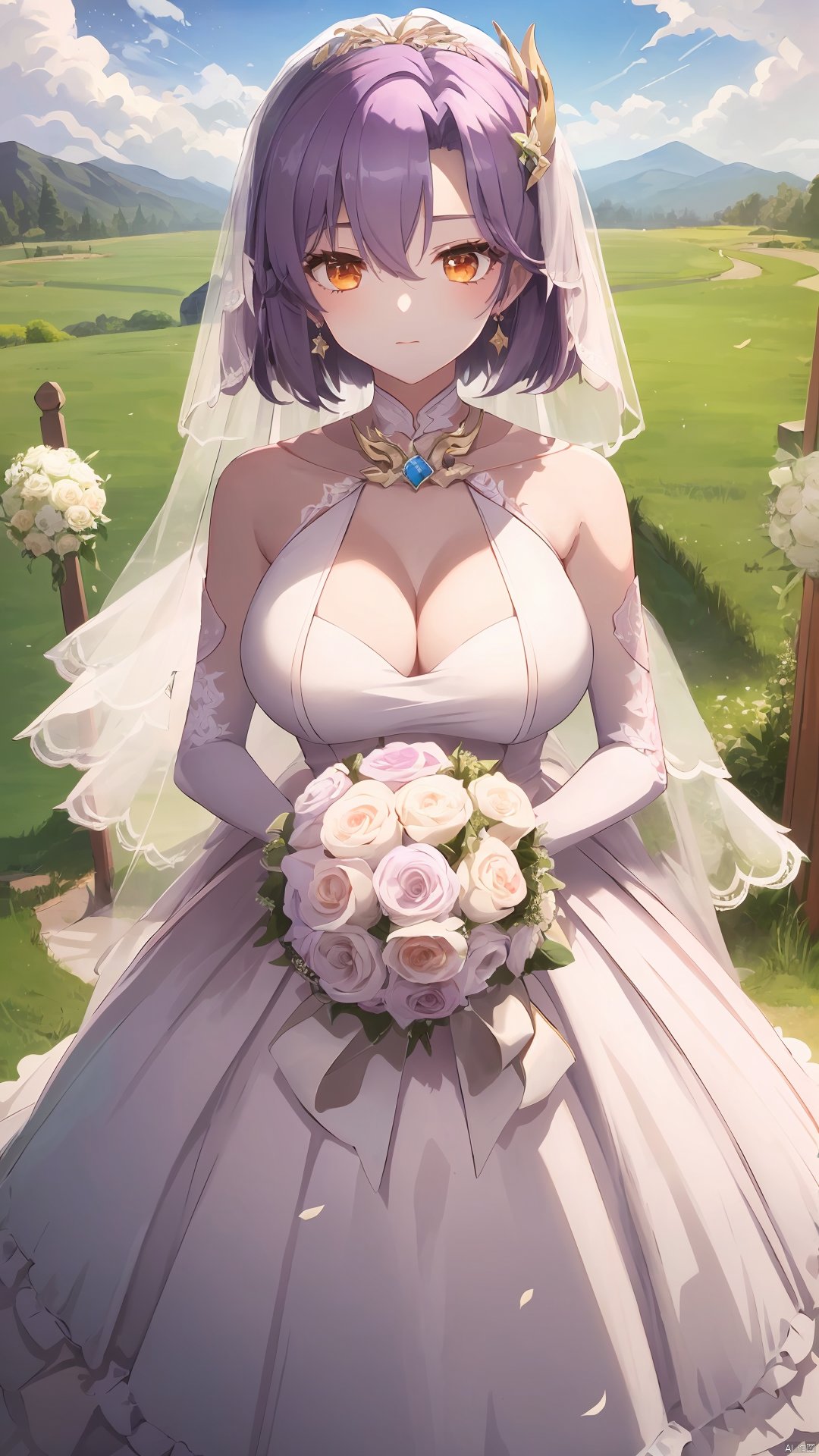 xi_yao_wu, 1girl, solo, purple hair, short hair, bangs, orange eyes, large breasts, (wedding_dress:1.5), 

days, cloudy, stars, in a meadow, the top of the hill,