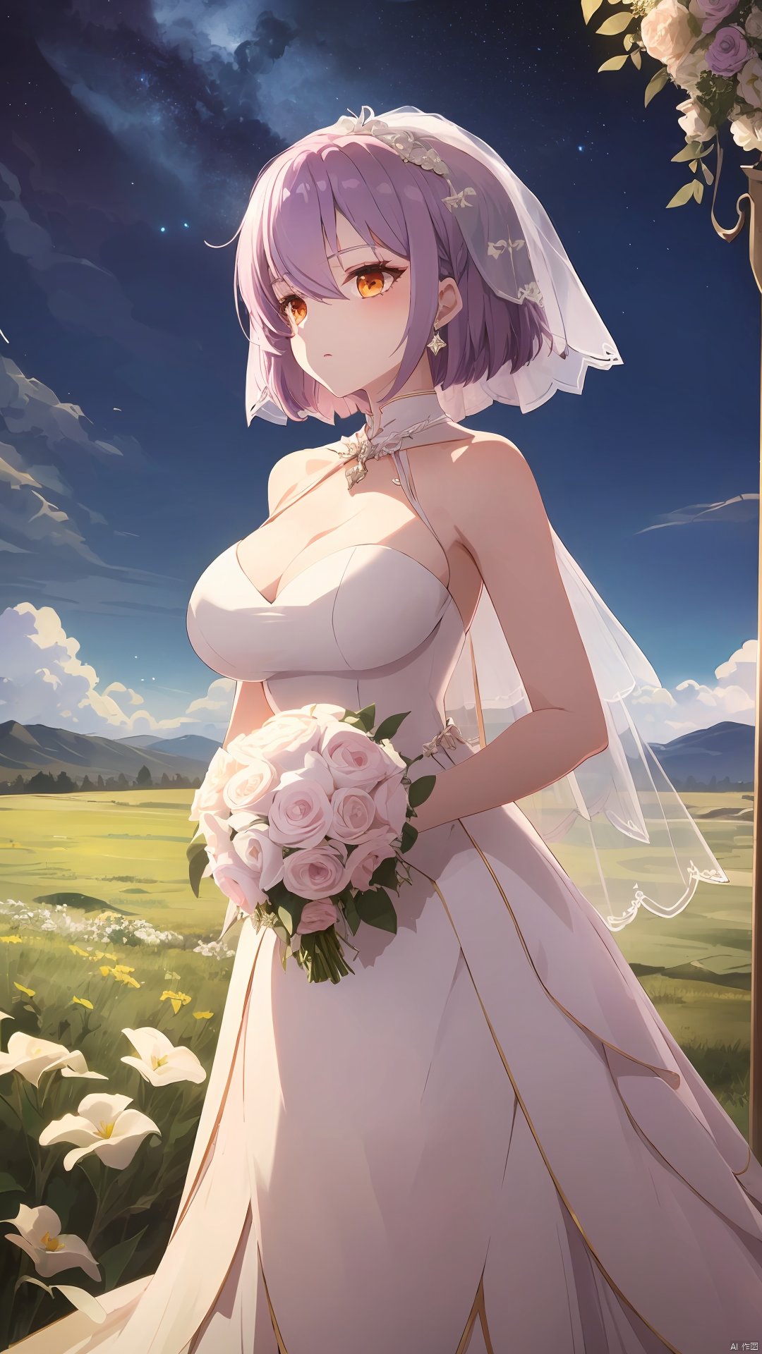 xi_yao_wu, 1girl, solo, purple hair, short hair, bangs, orange eyes, large breasts, (wedding_dress:1.5), 

days, cloudy, stars, in a meadow, the top of the hill,