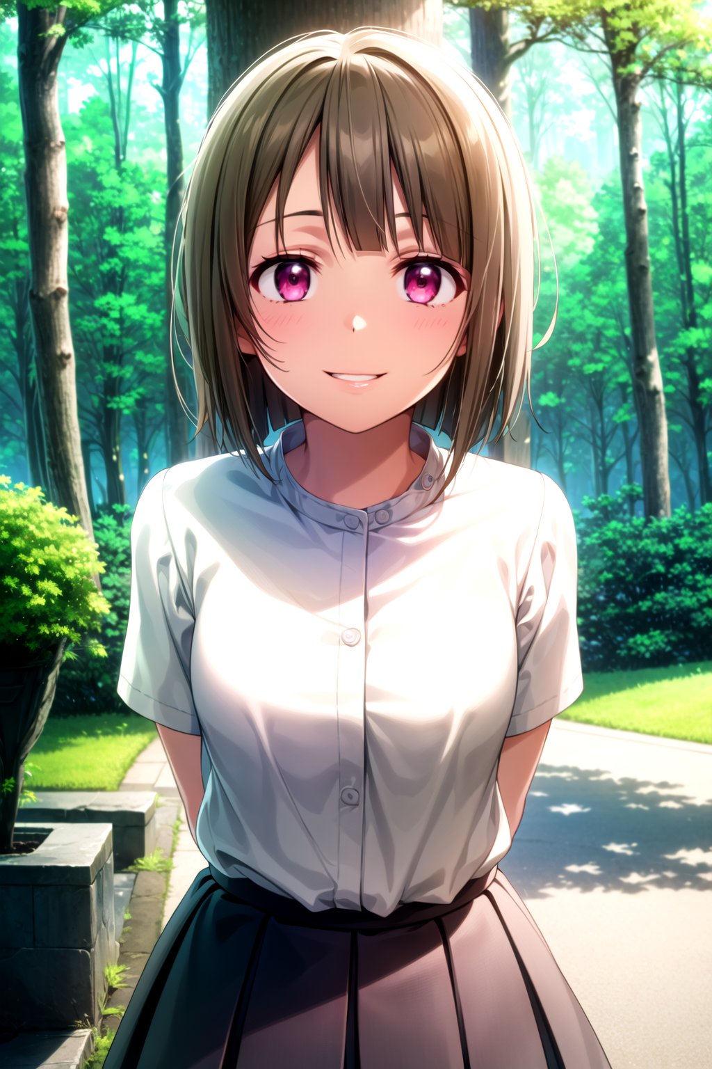 (masterpiece,  best quality,  ultra-detailed),  (illustration),  (beautiful detailed eyes),  1girl,  solo, nakasu kasumi, short hair, brown hair, bangs, asymmetrical hair, bob cut, pink eyes,(baby face,  young face,  cute face),  medium hair, shitr, short sleeves, skirt, outdoors,  forest, trees, blue sky, greenary, depth of field, 8k,  masterpiece,  ultra resolution,  smile,  parted lips,  seductive smile,  dappling light,  cinematic ambiance,  shibuya kanon, facing front,  in front,  closed mouth, arms behind back:1.4,nakasu kasumi