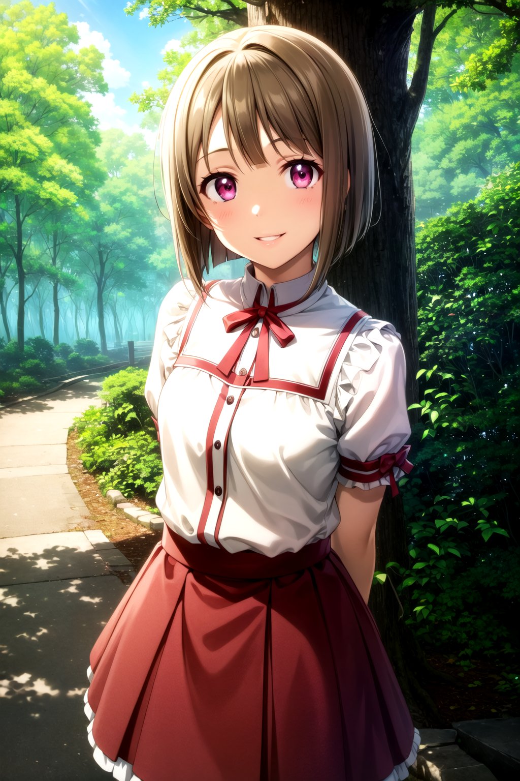 (masterpiece,  best quality,  ultra-detailed),  (illustration),  (beautiful detailed eyes),  1girl,  solo, nakasu kasumi, short hair, brown hair, bangs, asymmetrical hair, bob cut, pink eyes,(baby face,  young face,  cute face),  medium hair, shitr, short sleeves, skirt, outdoors,  forest, trees, blue sky, greenary, depth of field, 8k,  masterpiece,  ultra resolution,  smile,  parted lips,  seductive smile,  dappling light,  cinematic ambiance,  shibuya kanon, facing front,  in front,  closed mouth, arms behind back:1.4,nakasu kasumi