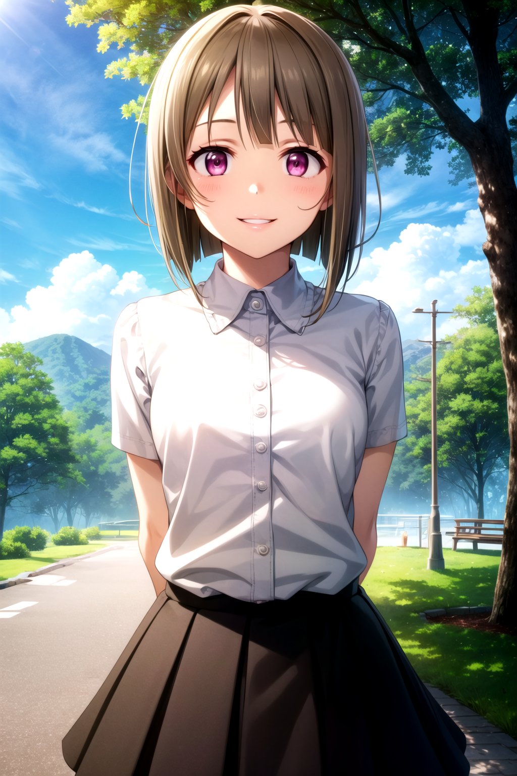 (masterpiece,  best quality,  ultra-detailed),  (illustration),  (beautiful detailed eyes),  1girl,  solo, nakasu kasumi, short hair, brown hair, bangs, asymmetrical hair, bob cut, pink eyes,(baby face,  young face,  cute face),  medium hair, shitr, short sleeves, skirt, outdoors,  forest, trees, blue sky, greenary, depth of field, 8k,  masterpiece,  ultra resolution,  smile,  parted lips,  seductive smile,  dappling light,  cinematic ambiance,  shibuya kanon, facing front,  in front,  closed mouth, arms behind back:1.4,nakasu kasumi