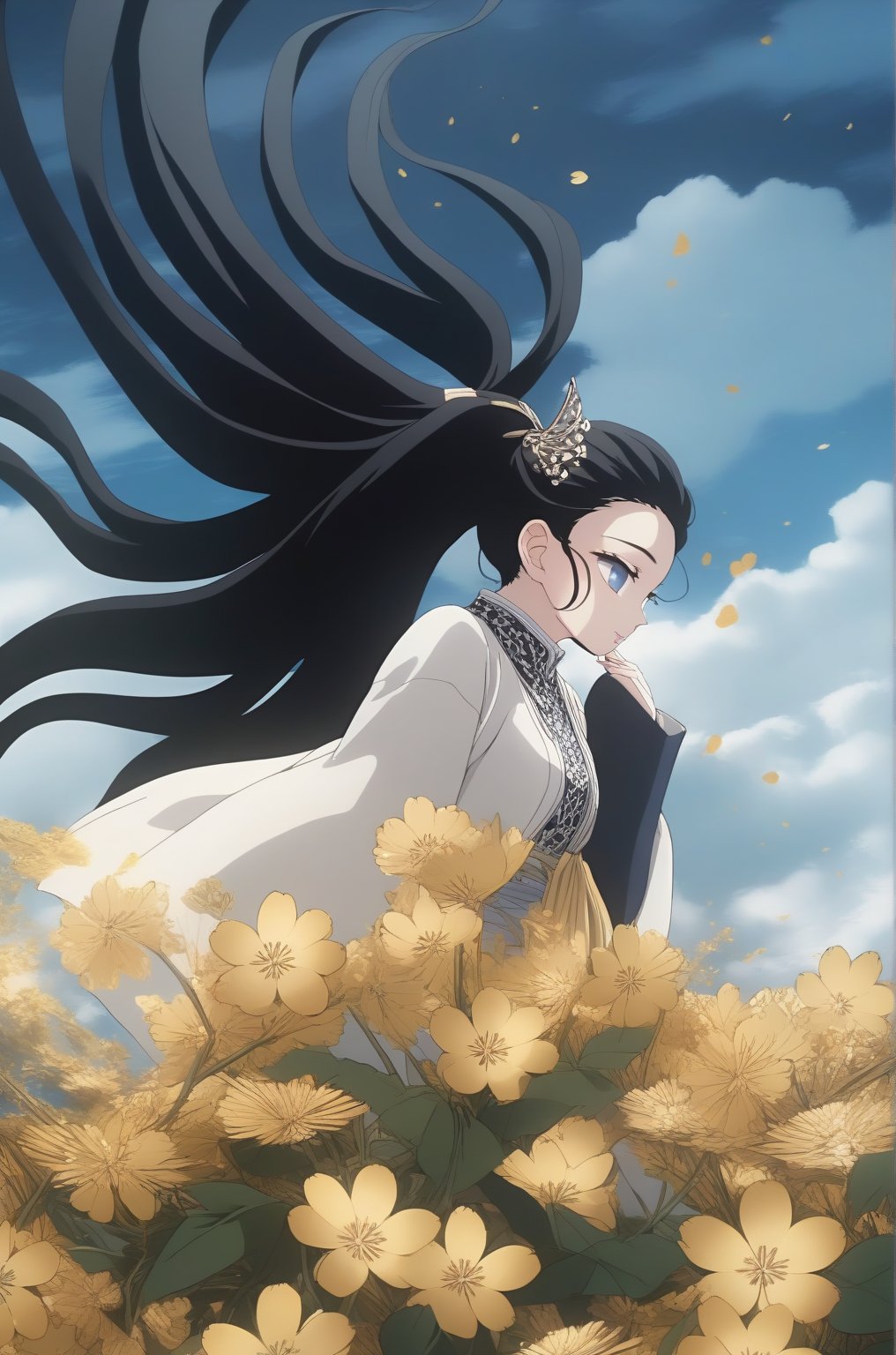 super fine illustration,masterpiece, best quality,{beautiful detailed eyes},1girl,finely detail,Depth of field, 4k wallpaper,bluesky,cumulus,wind,insanely detailed frills,extremely detailed lace,BLUE SKY,very long hair,Slightly open mouth,high ponytail,silver hair,small Breasts,cumulonimbus capillatus,slender waist,There are many scattered luminous petals,Hidden in the light yellow flowers,Depth of field,She bowed her head in frustration,Many flying drops of water,Upper body exposed,Many scattered leaves,branch ,angle ,contour deepening,cinematic angle ,{{{Classic decorative border}}}