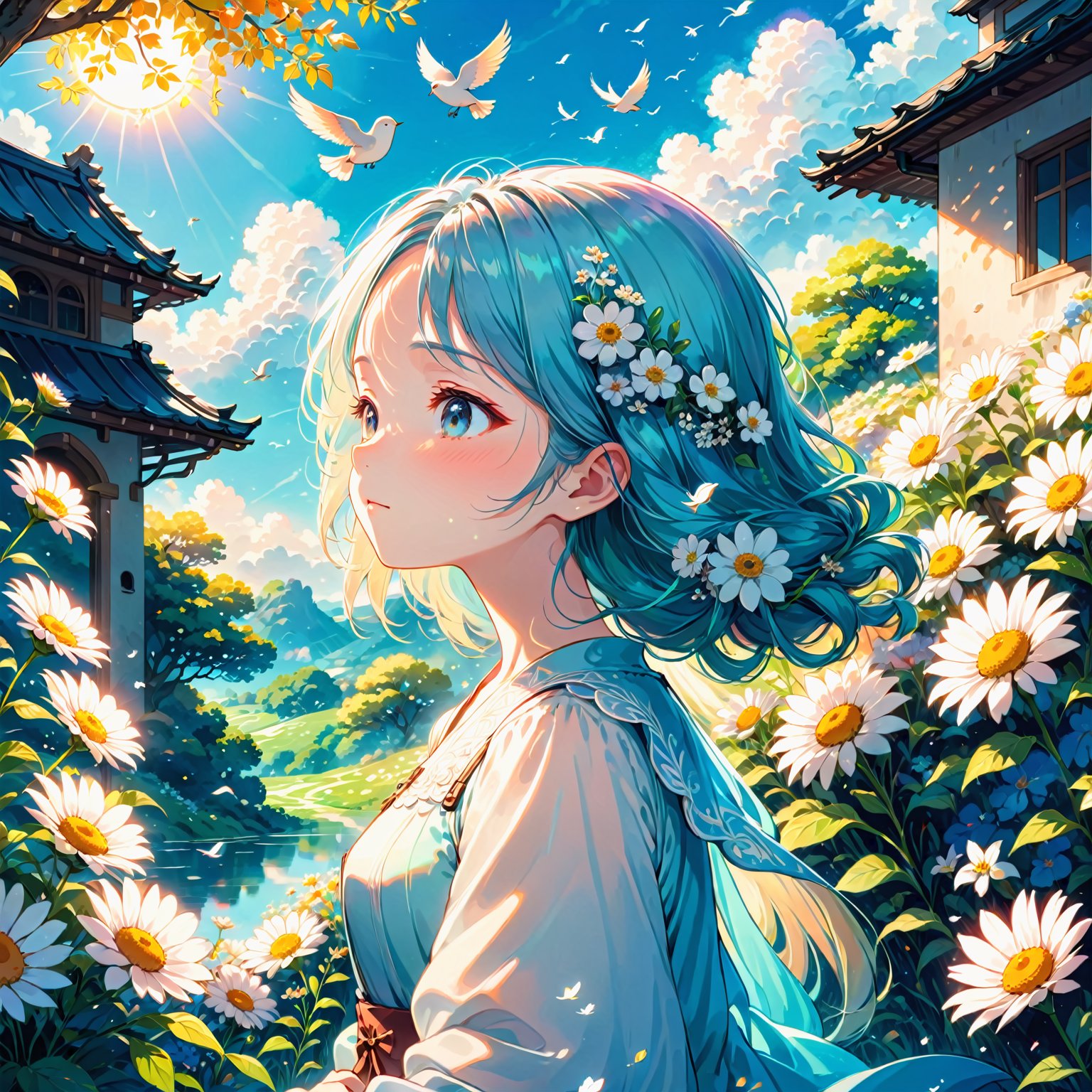 (best quality,illustration,masterpiece:1.2,high-res:1.1),illustration,1girl,cute girl,floral,cloud,bird,flowers in herhair,peaceful scene,soft sunlight,harmonious colors,vibrant atmosphere,dreamy,vivid details,gentle breeze,fairytale-like,delicate lines,pastel colors,serene,vibrant blue sky,serene expression,beautiful landscape,serenity,harmony,blissful,garden scenery,pleasant,magical,tranquil,charming,whimsical

,Anime 