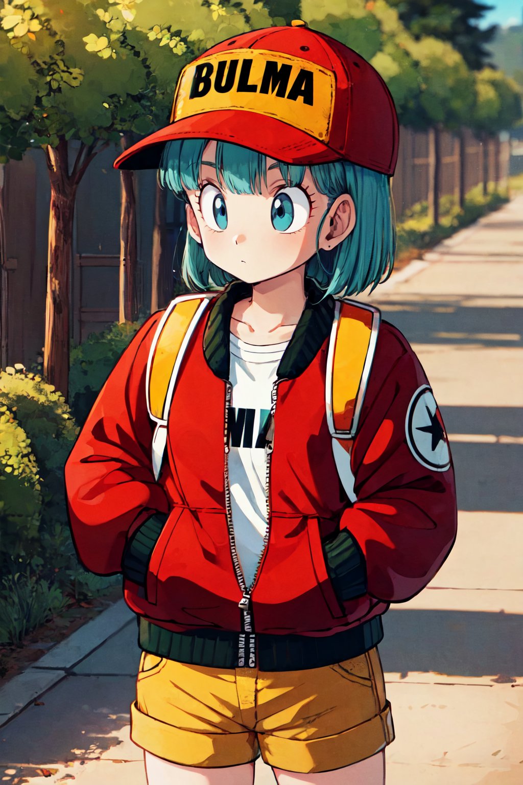 bulma \(dragonball\), 1girl, solo, short hair, blue eyes, gloves, hat, hat writing, character name, looking away, dragon radar, holding, jacket, outdoors, shorts, tree, aqua hair, baseball cap, hand in pocket, yellow shorts, orange gloves, backpack, cowboy shot, house, bush, fringe_trim, red jacket, shirt, white shirt, collarbone, zipper,<lora:bulmaDragonBall:0.7>