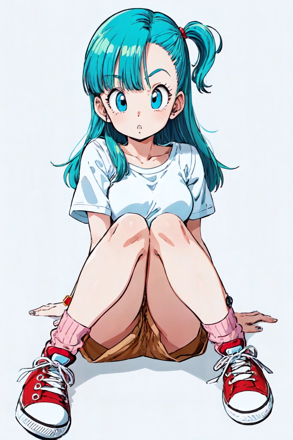 bulma \(dragonball\), 1girl, solo, long hair, looking at viewer, bangs, blue eyes, simple background, shirt, white background, sitting, full body, short sleeves, aqua hair, shoe soles, shorts, socks, hands on ankles, sleeves_rolled_up, feet together, knees apart feet together, :o, backpack, sneakers, sleeves rolled up, watch, wristwatch, brown shorts, collarbone, arms by side, fingernails, medium breasts, pink_legwear, red footwear, white shirt, teeth, raised eyebrows, eyebrows, eyelashes, messy hair<lora:bulmaDragonBall:0.7>