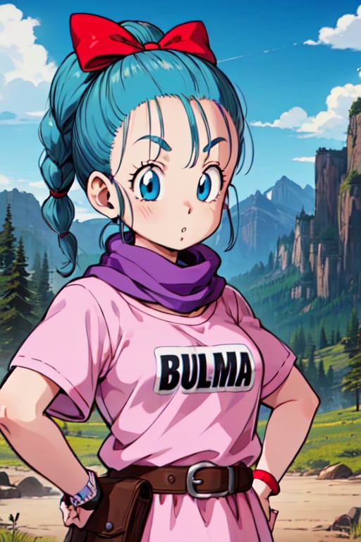 bulma \(dragonball\), 1girl, eyebrows, solo, holster looking at viewer, blue eyes, shirt, gloves, bow, ribbon, aqua hair, hair ribbon, braid, outdoors, sky, day, belt, cloud, bag, scarf, :o, character name, blue sky, hand on hip, single braid, cloudy sky, wristband, pink dress, clothes writing, brown gloves, single glove, pink shirt, hands on hips, watch, braided ponytail, mountain, wristwatch, purple scarf, fanny pack, short sleeves, upper body, eyelashes<lora:bulmaDragonBall:0.7>